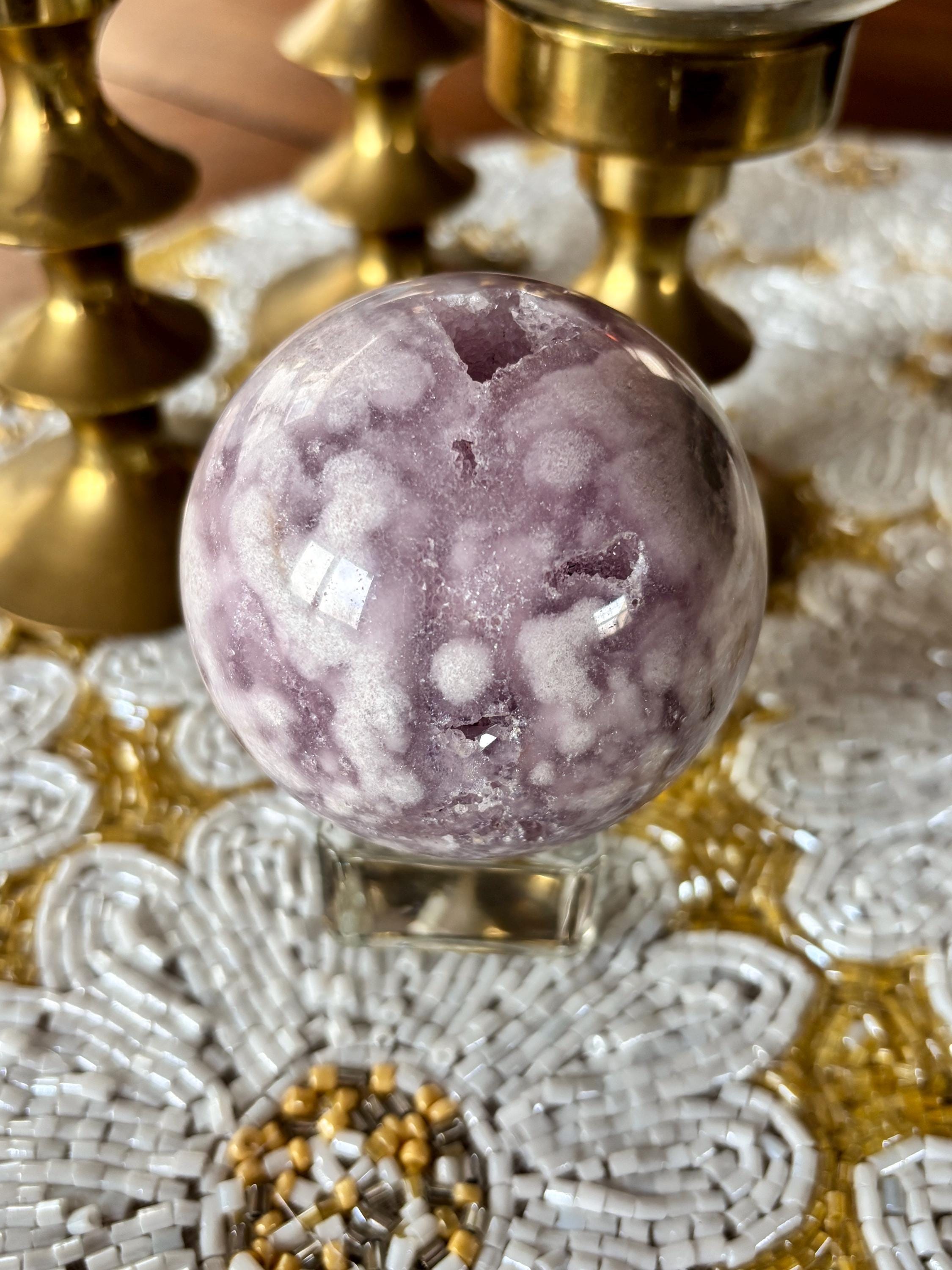 Purple Amethyst Flower Agate Sphere, Polished Sphere with Sparkly Druzy Caves