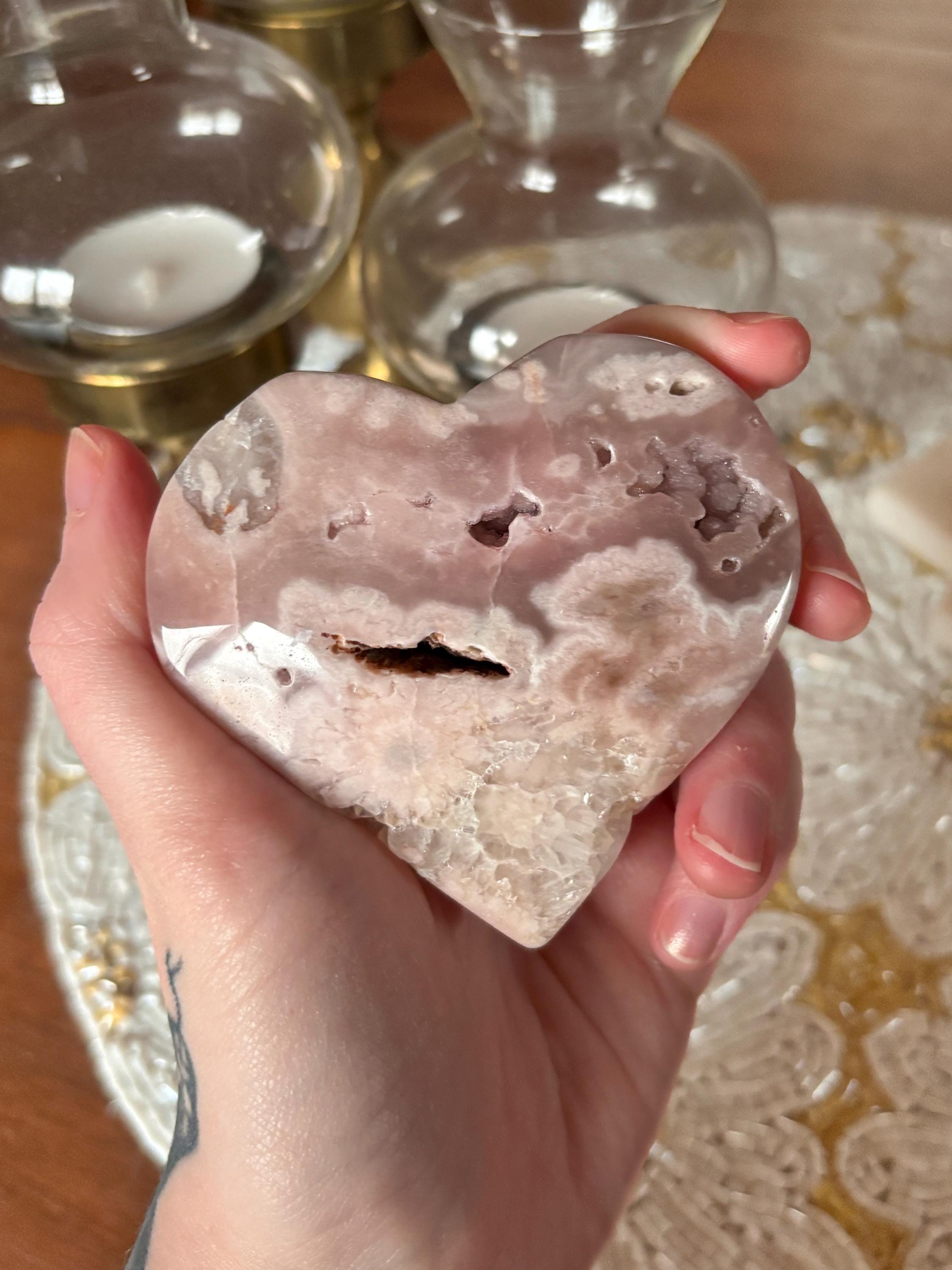 Polished Pink Amethyst Flower Agate Heart with Botryoidal Agate Druzy Caves