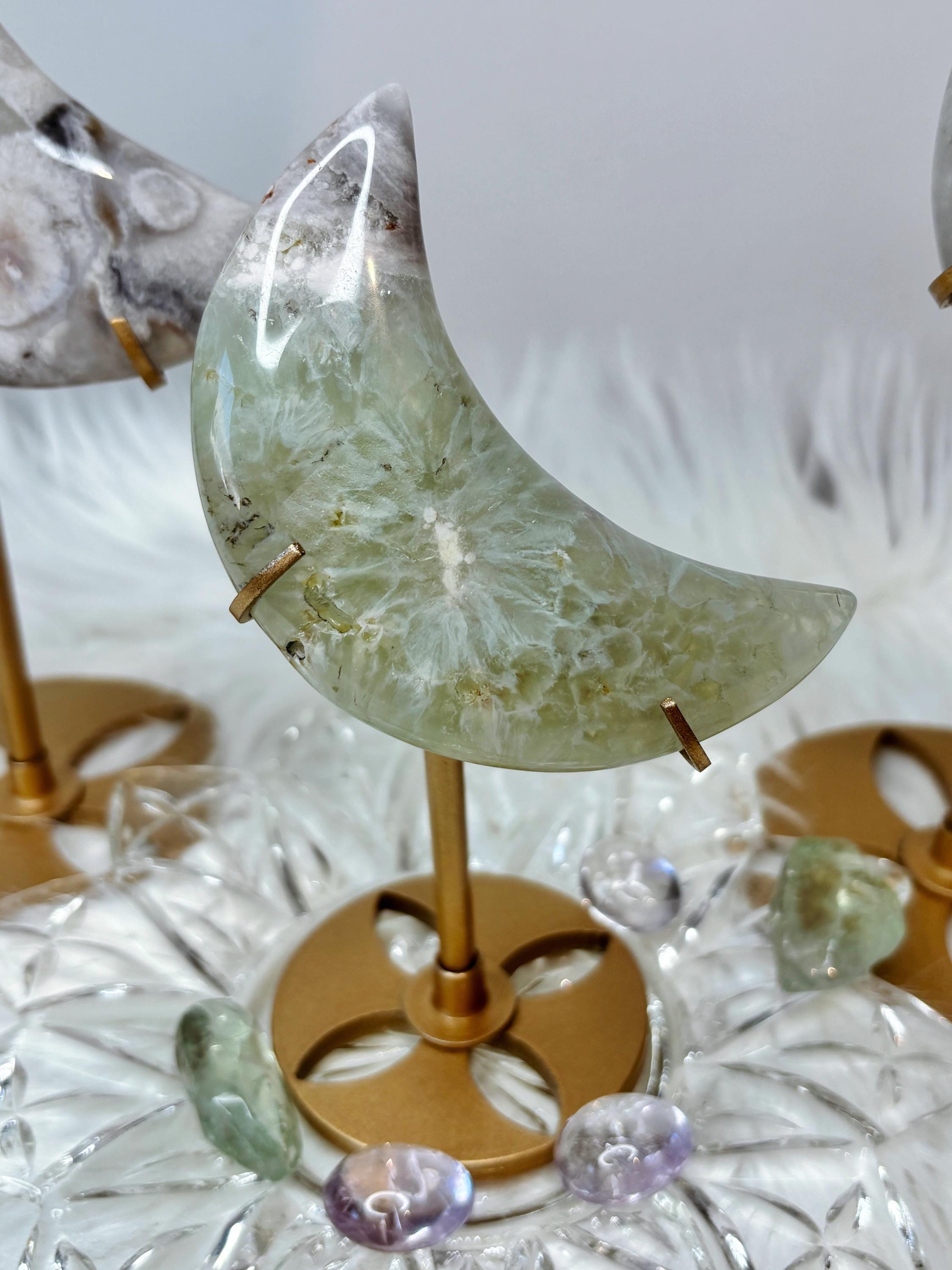 Green Quartz Flower Agate Moon, Crescent Moon Crystal Carving on Stand