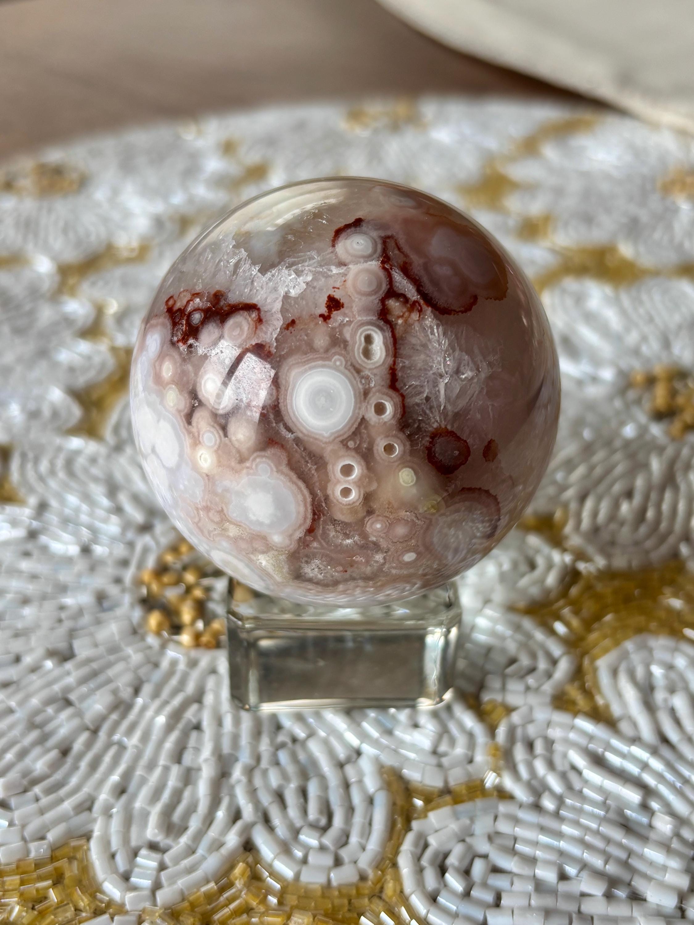 Orby Flower Agate Sphere, Red Pink Yellow Flower Agate with Quartz Druzy