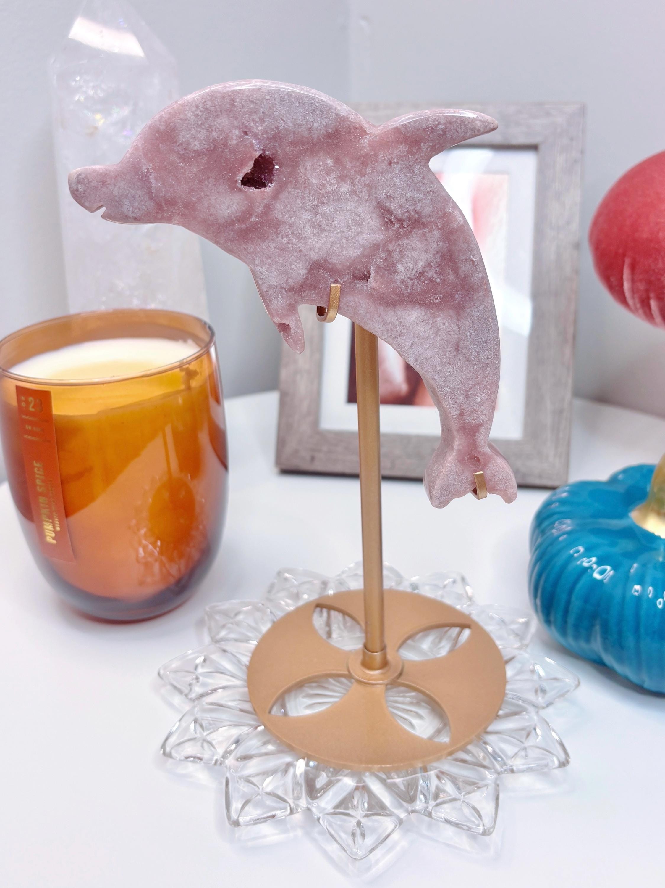 Pink Amethyst Dolphin Crystal with Gold Stand