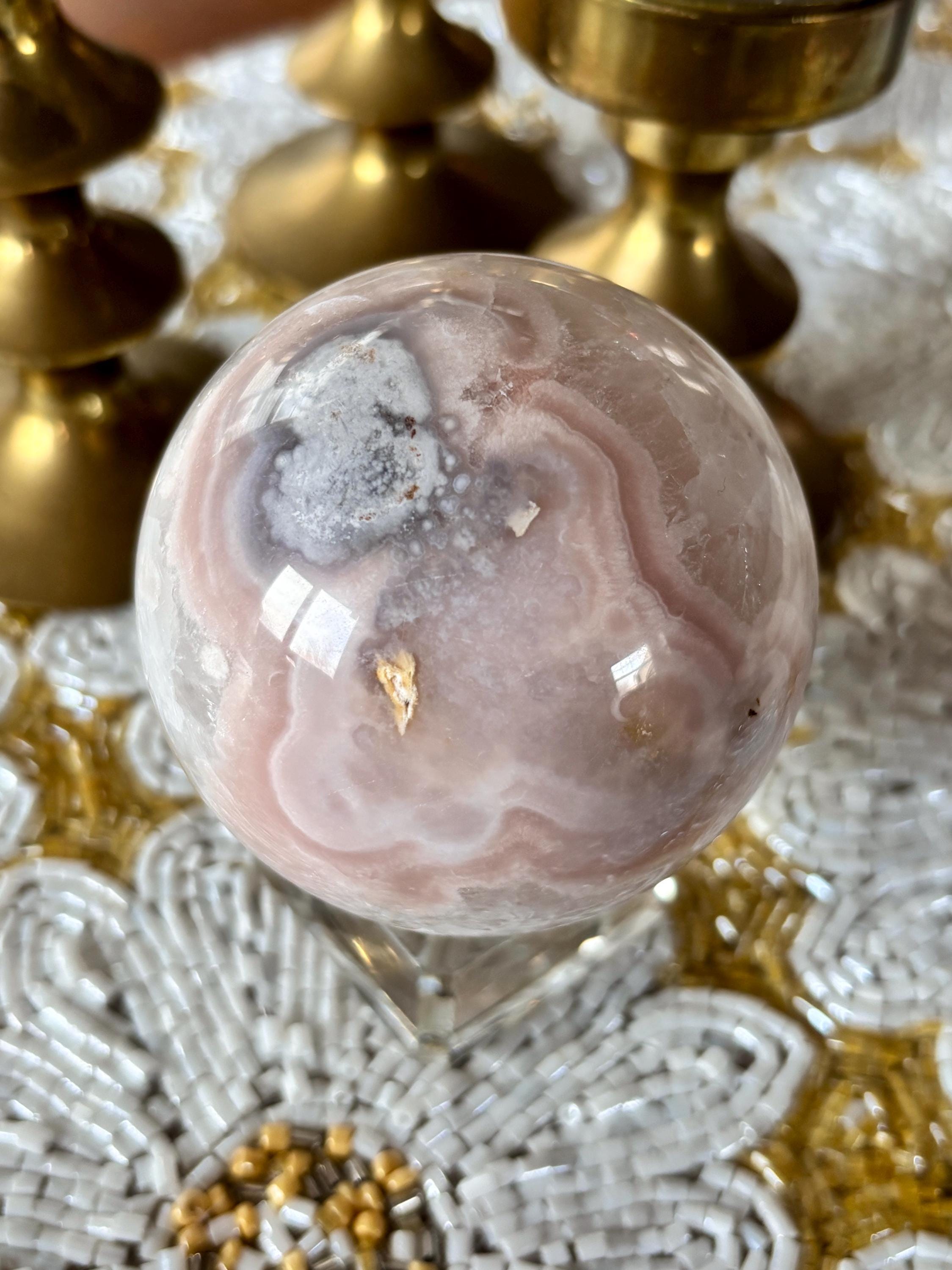 Pink Amethyst Flower Agate Sphere with Quartz Druzy Cave