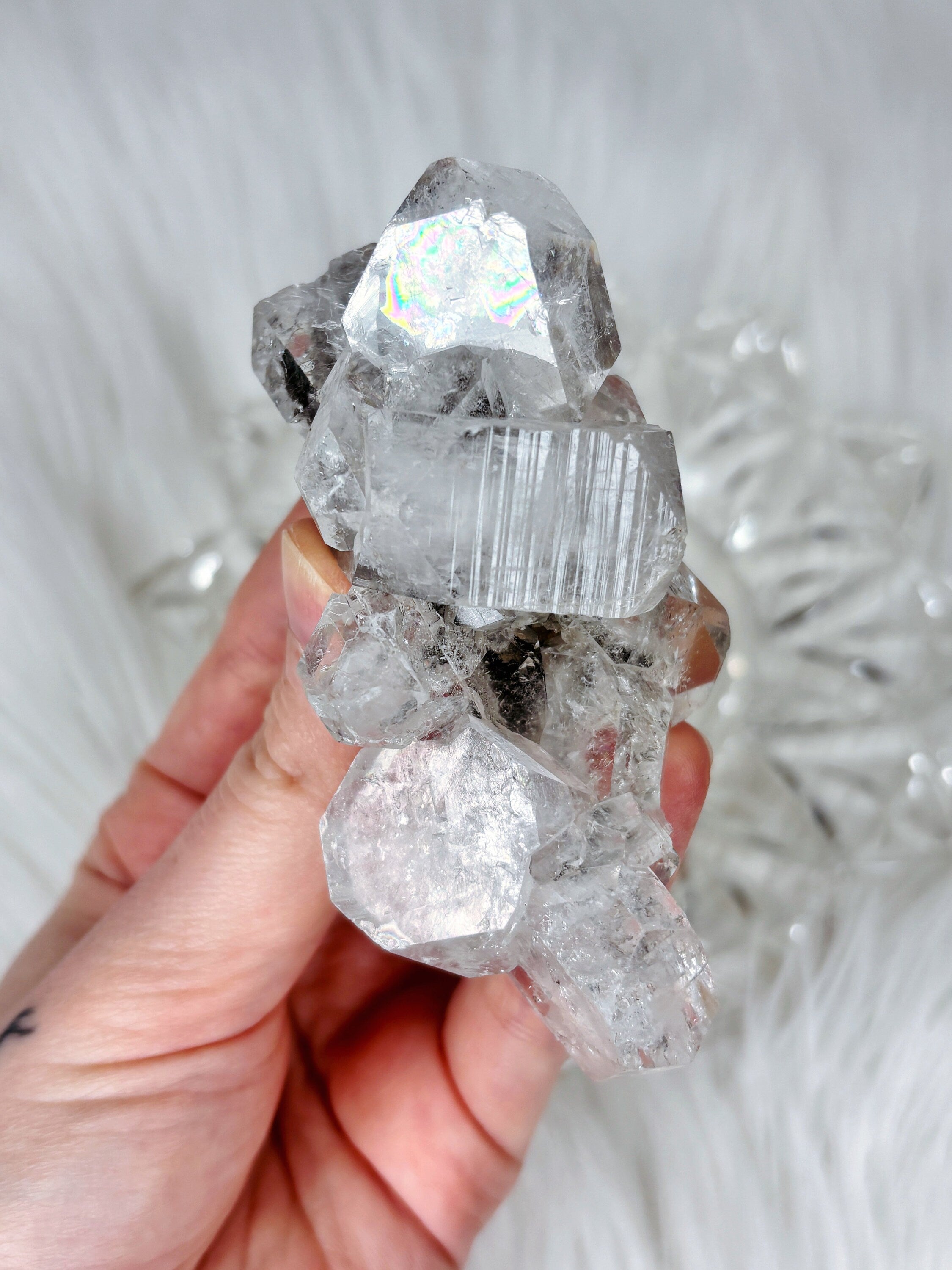 Diamond Apophyllite with Black Hematite, Raw Rainbow Apophyllite Cluster/Mineral Specimen