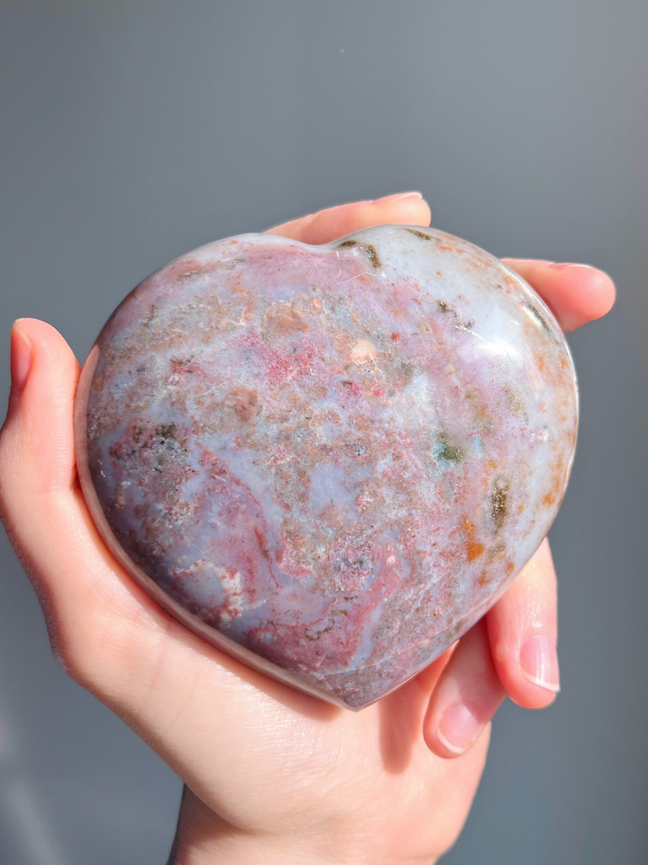 Large Pastel Ocean Jasper Crystal Heart, Polished Rainbow Sea Jasper Carving