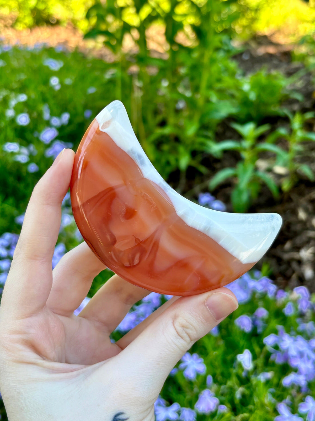Carnelian Crescent Moon: Orange White Agate Crystal Moon Carving on Display Stand