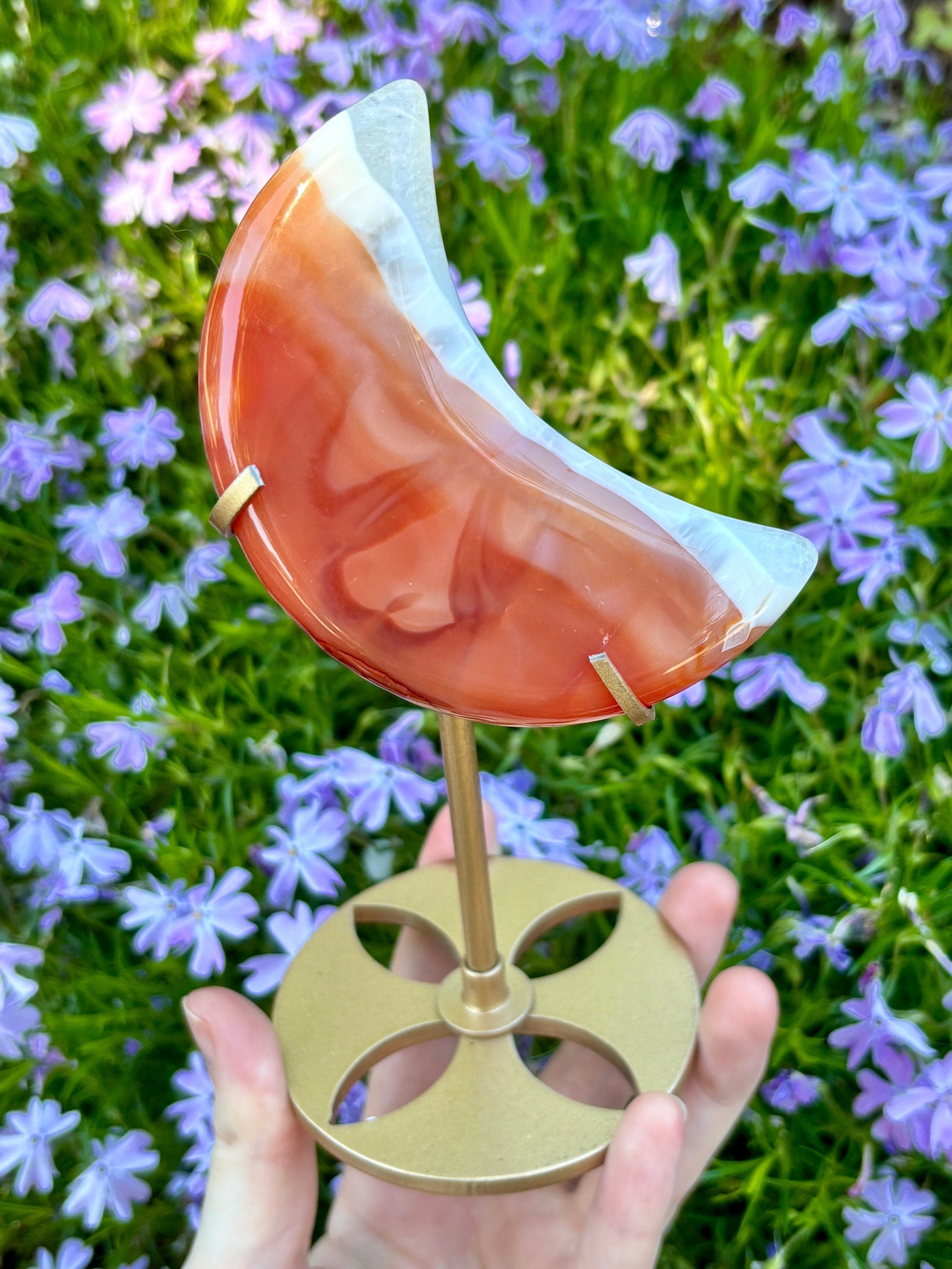 Carnelian Crescent Moon: Orange White Agate Crystal Moon Carving on Display Stand