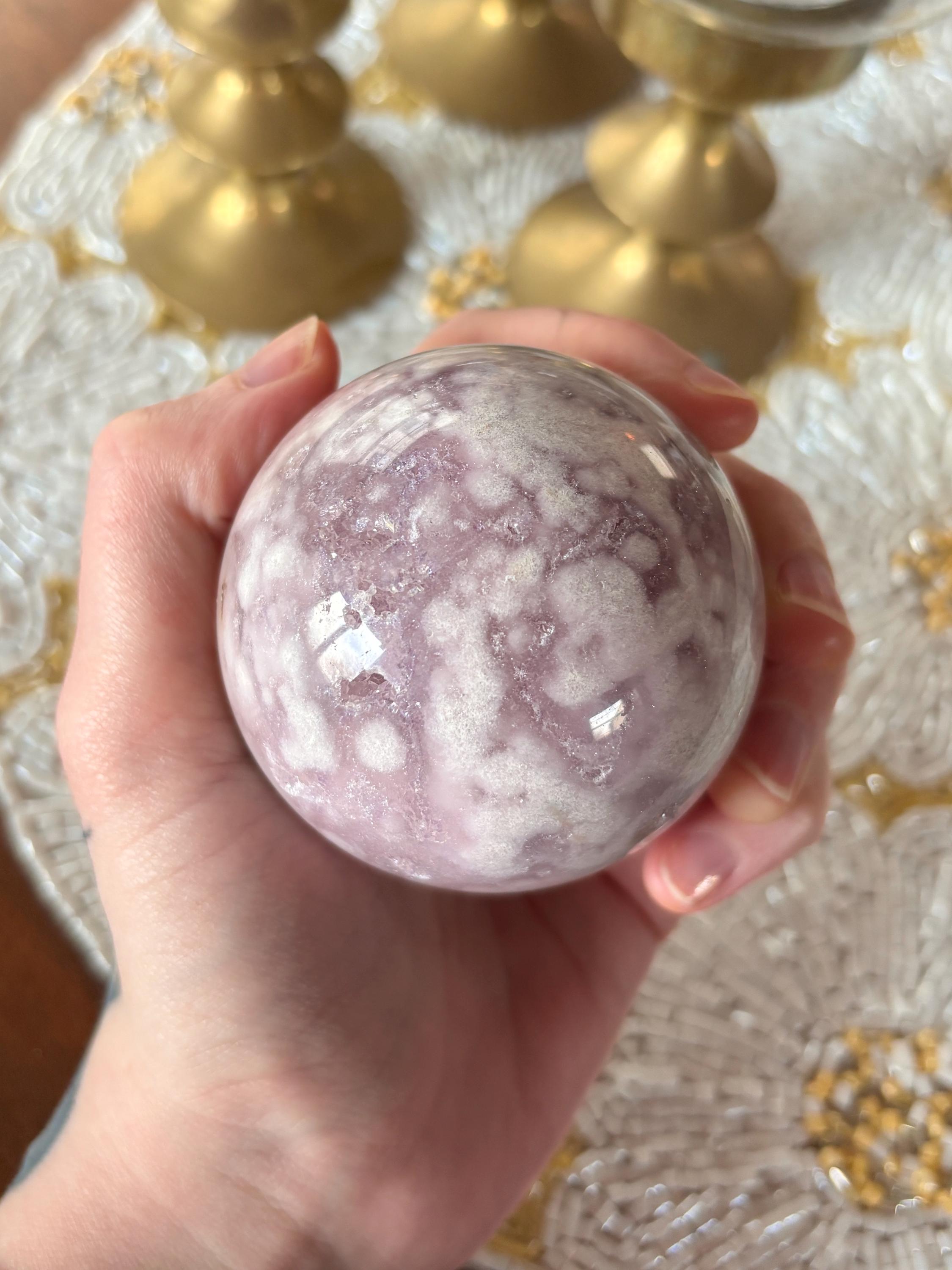 Purple Amethyst Flower Agate Sphere, Polished Sphere with Sparkly Druzy Caves