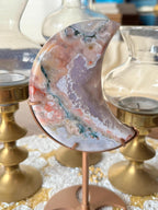 Rainbow Agate Crescent Moon Crystal Carving on Gold Stand