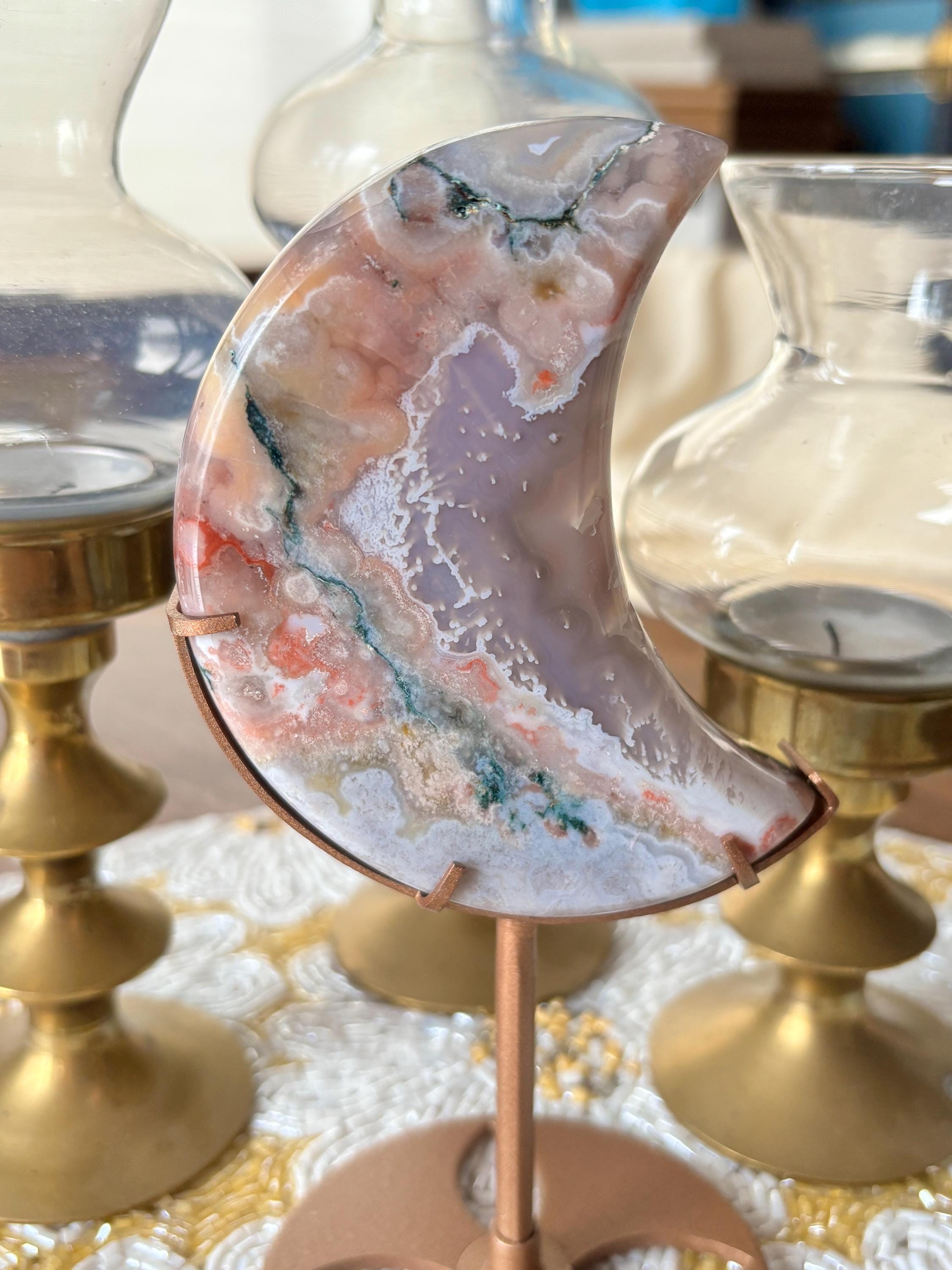 Rainbow Agate Crescent Moon Crystal Carving on Gold Stand