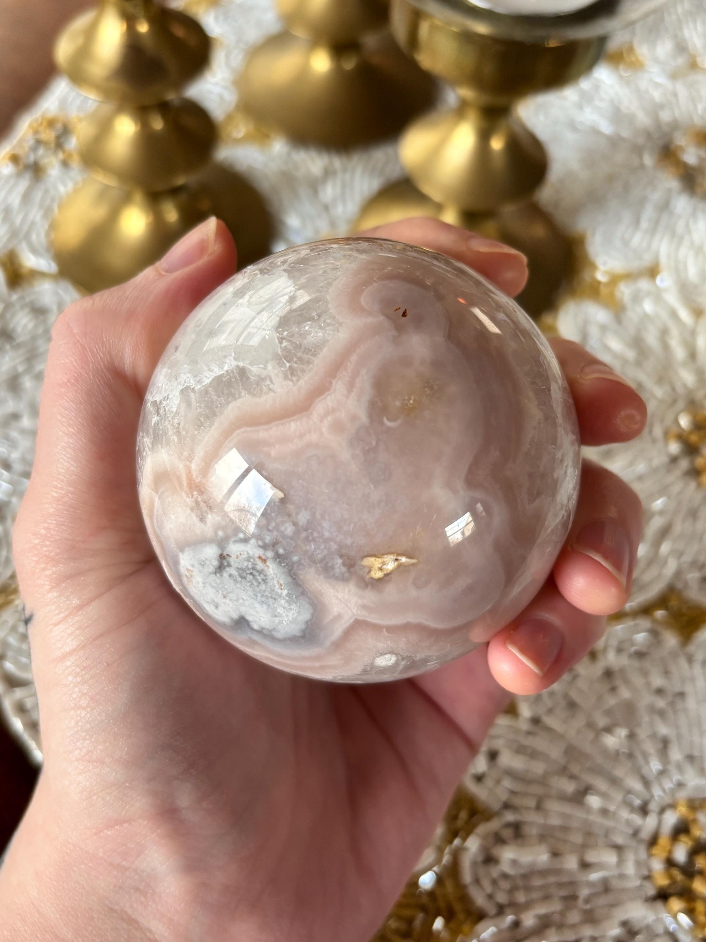 Pink Amethyst Flower Agate Sphere with Quartz Druzy Cave