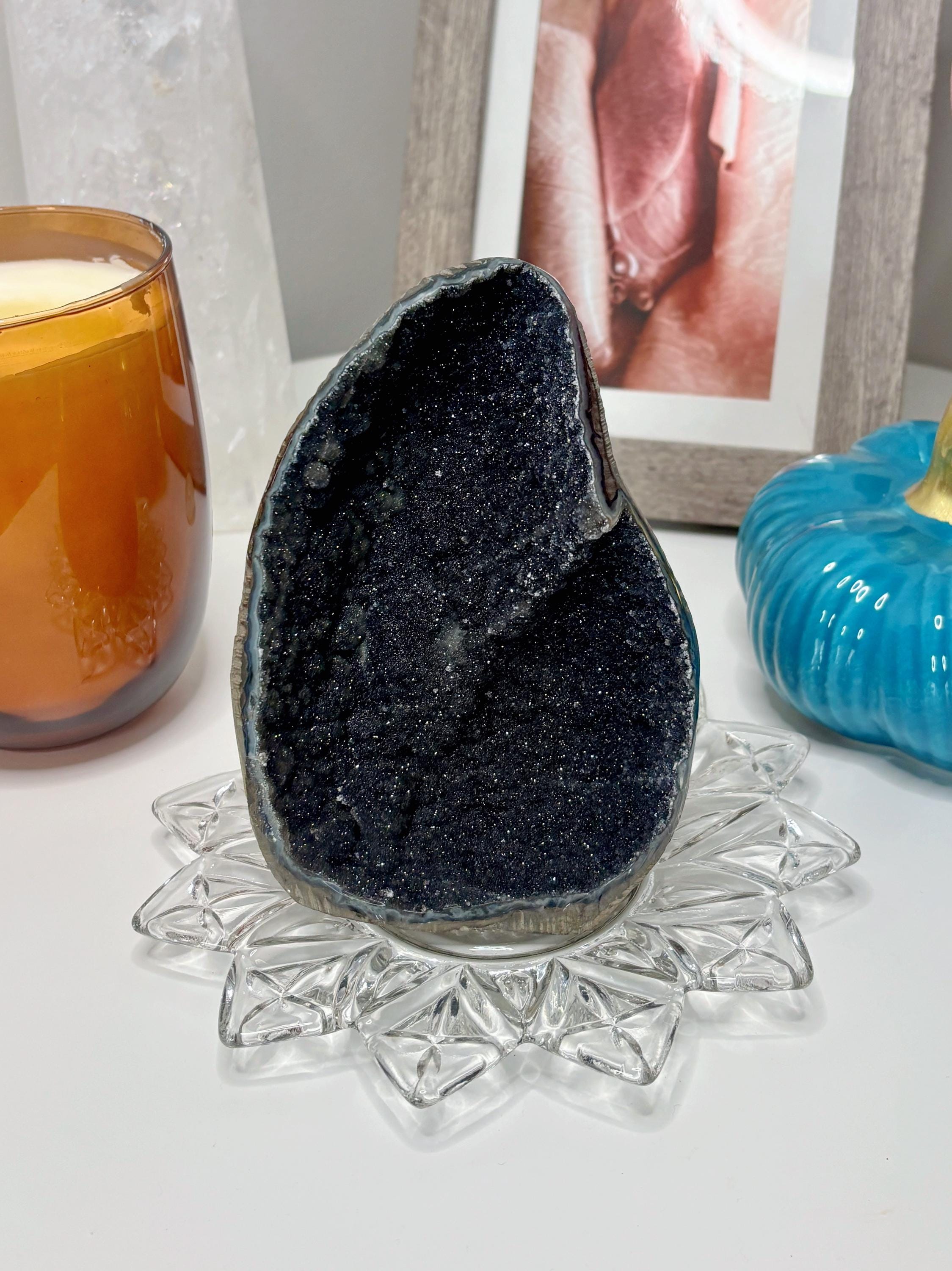 Large Black Amethyst Crystal, Raw Sugar Druzy Cut Base