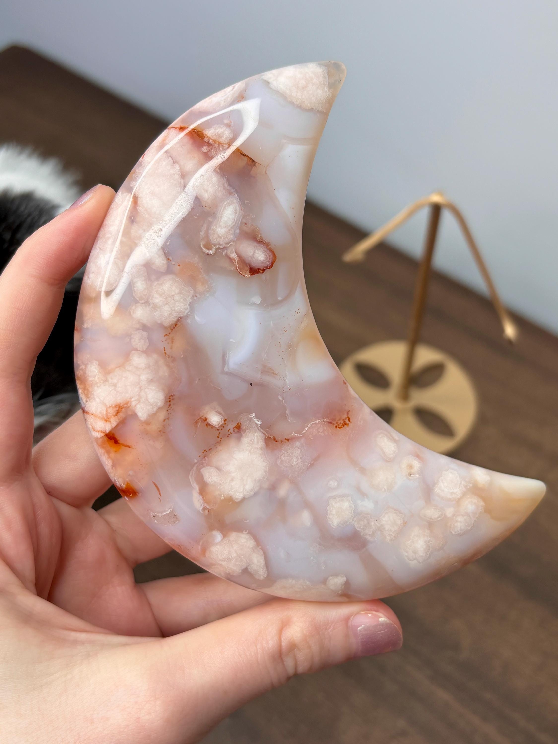 Peach-Pink Flower Agate Crescent Crystal Moon Carving on Gold Stand