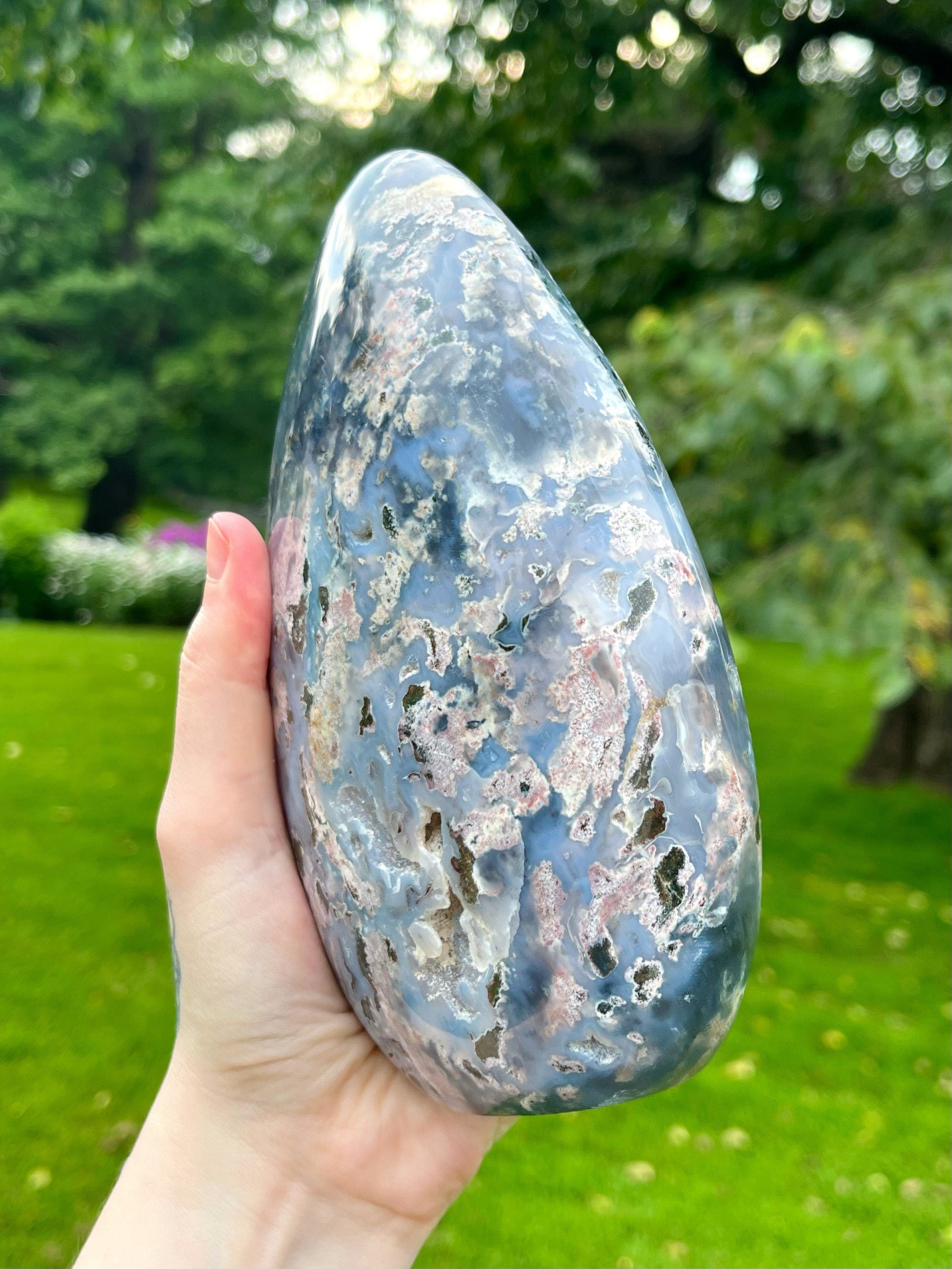 Huge Ocean Jasper Freeform, Polished Blue & Pink Sea Jasper Cut Base