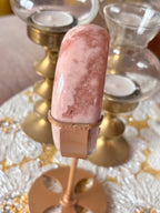 Pink Amethyst Flower Agate Moon Crystal, Crescent Moon Carving on Gold Stand