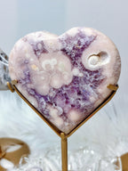Pink Amethyst Flower Agate Heart on Gold Stand