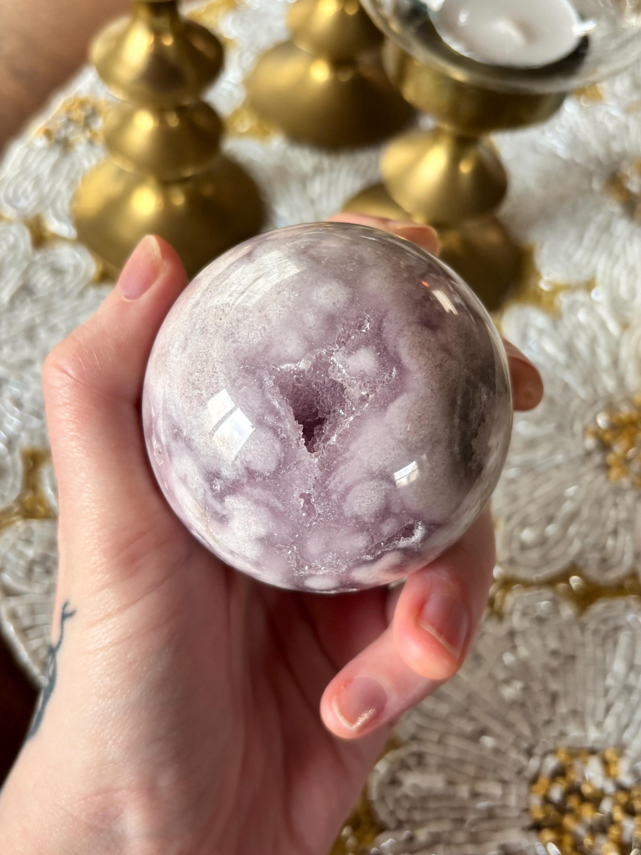 Purple Amethyst Flower Agate Sphere, Polished Sphere with Sparkly Druzy Caves