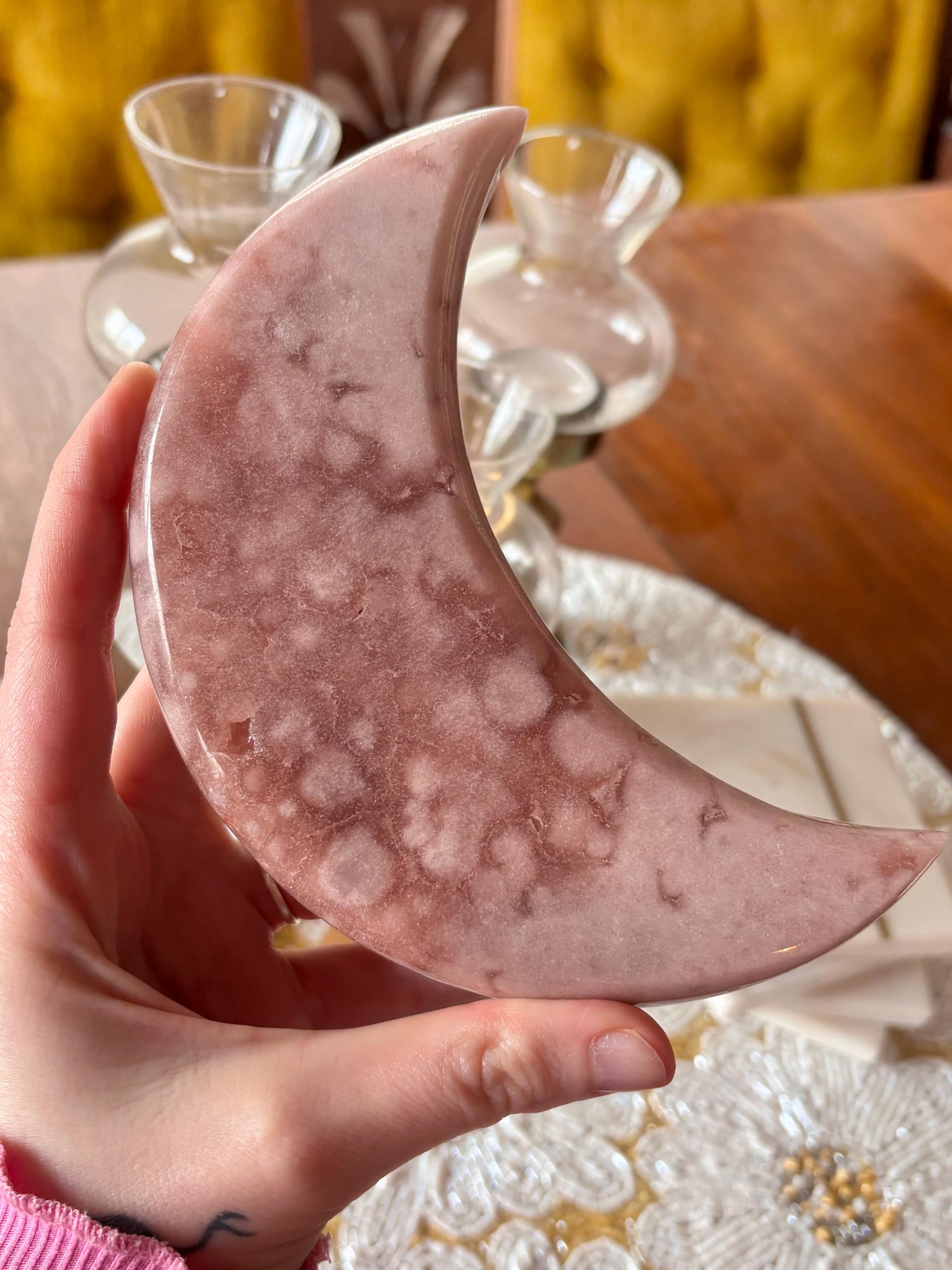 Large Pink Amethyst Flower Agate Moon, Crescent Moon Crystal Carving with Gold Stand