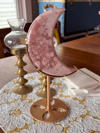 Large Pink Amethyst Flower Agate Moon, Crescent Moon Crystal Carving with Gold Stand
