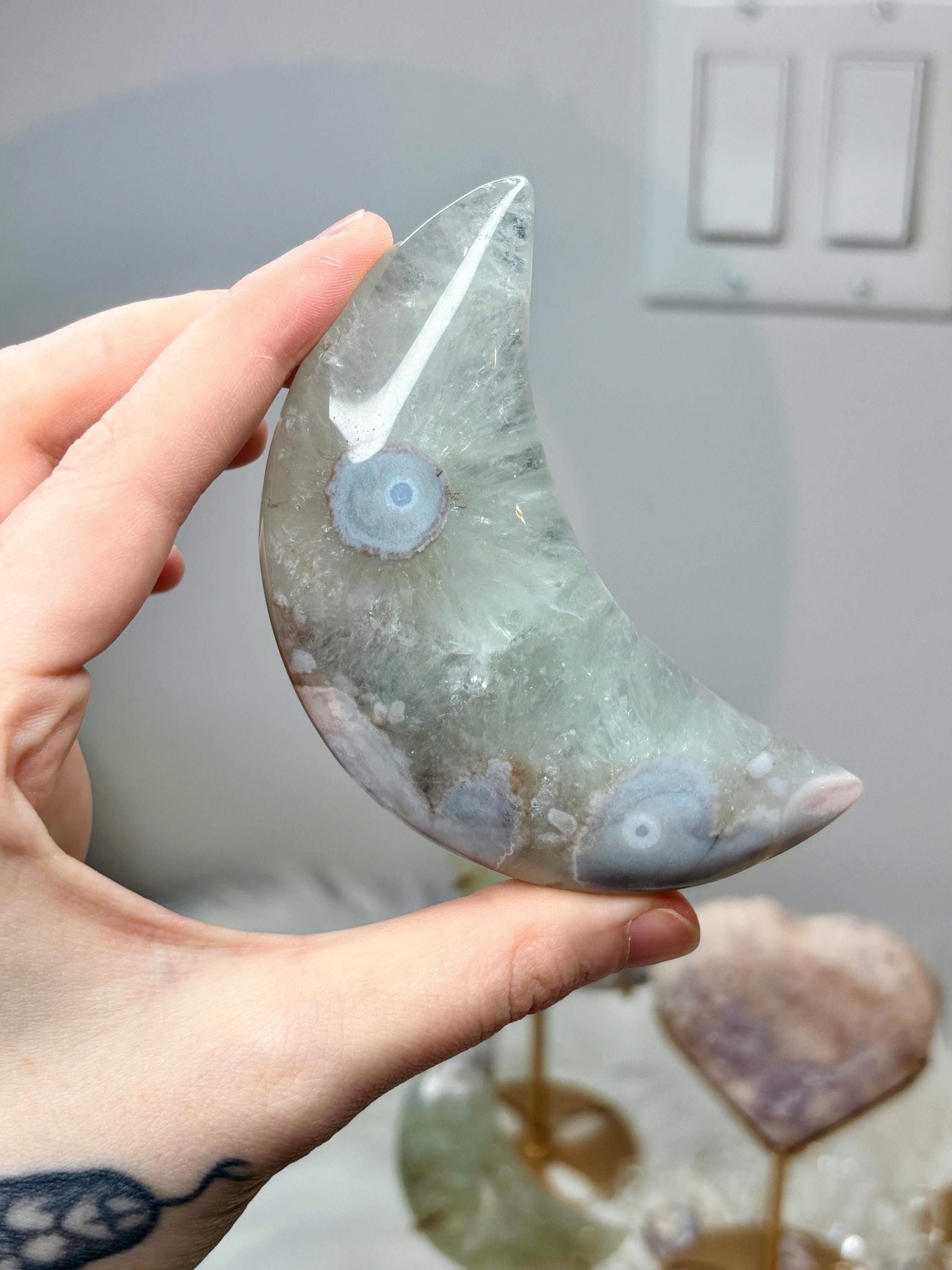 Green Quartz Flower Agate Moon Crescent Moon Crystal Carving on Stand