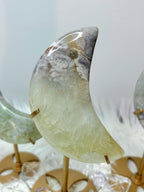 Green Quartz Flower Agate Moon, Crescent Moon Crystal Carving on Stand
