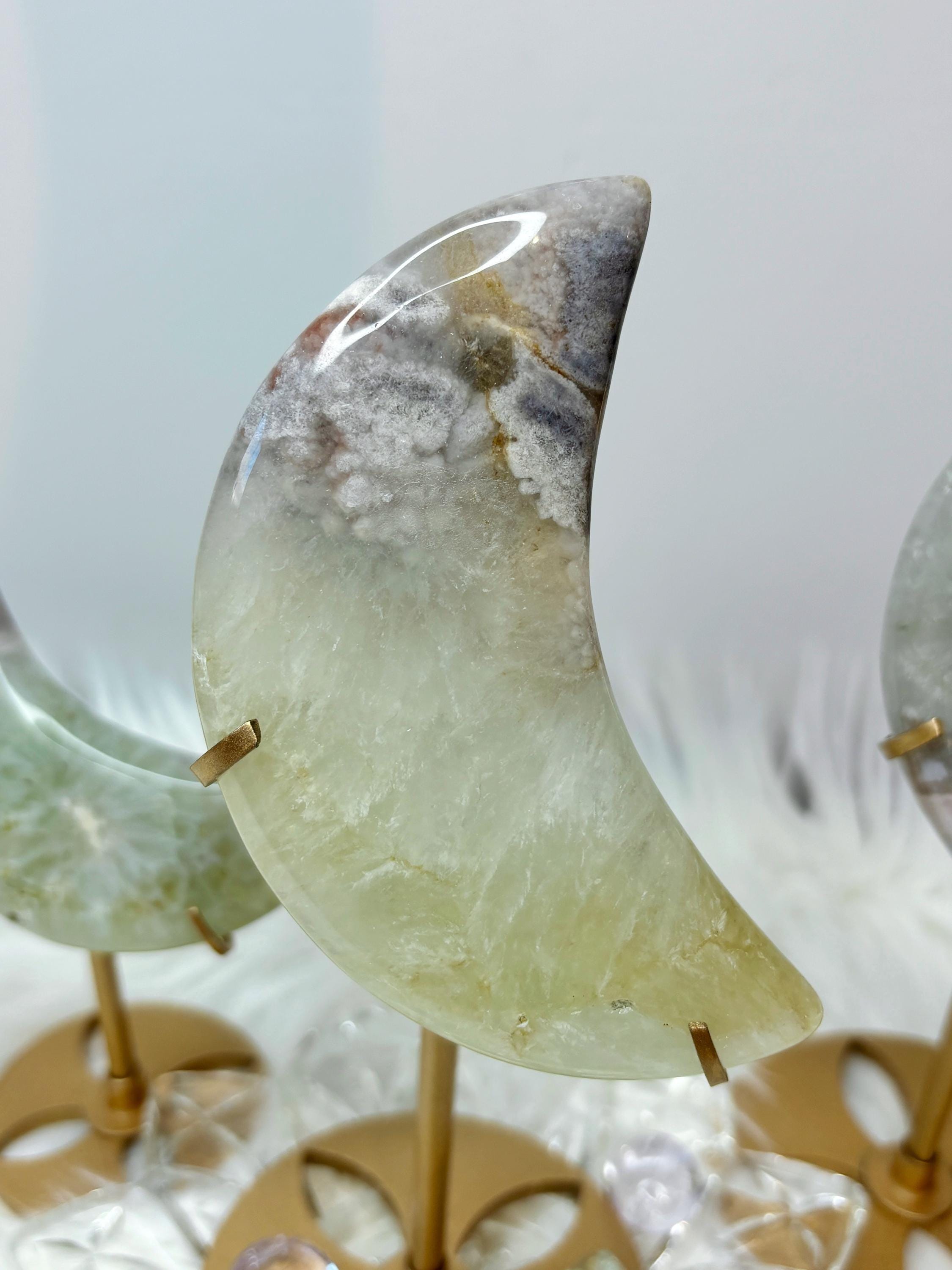 Green Quartz Flower Agate Moon, Crescent Moon Crystal Carving on Stand