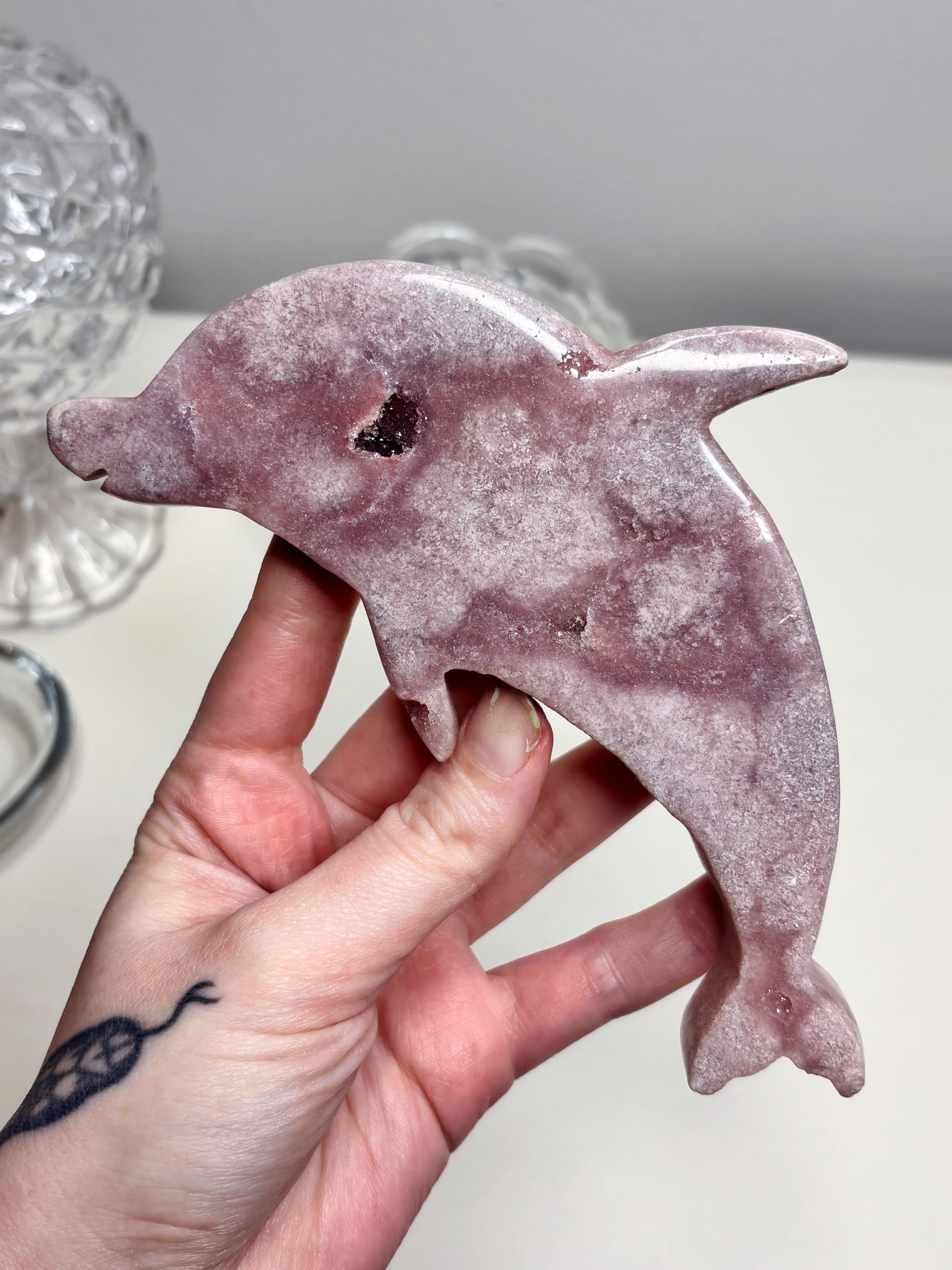 Pink Amethyst Dolphin Crystal with Gold Stand