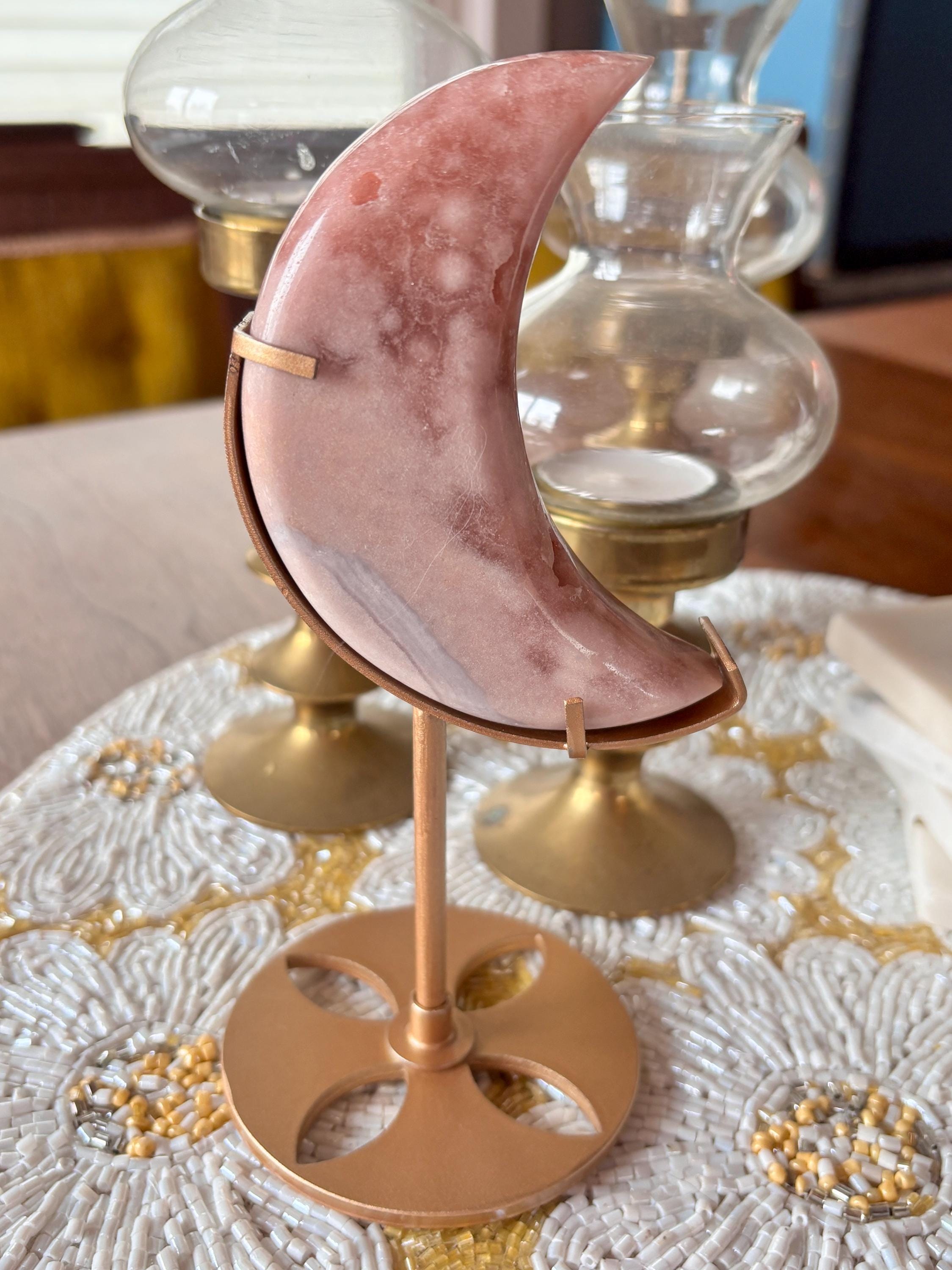 Pink Amethyst Flower Agate Moon Crystal, Crescent Moon Carving on Gold Stand