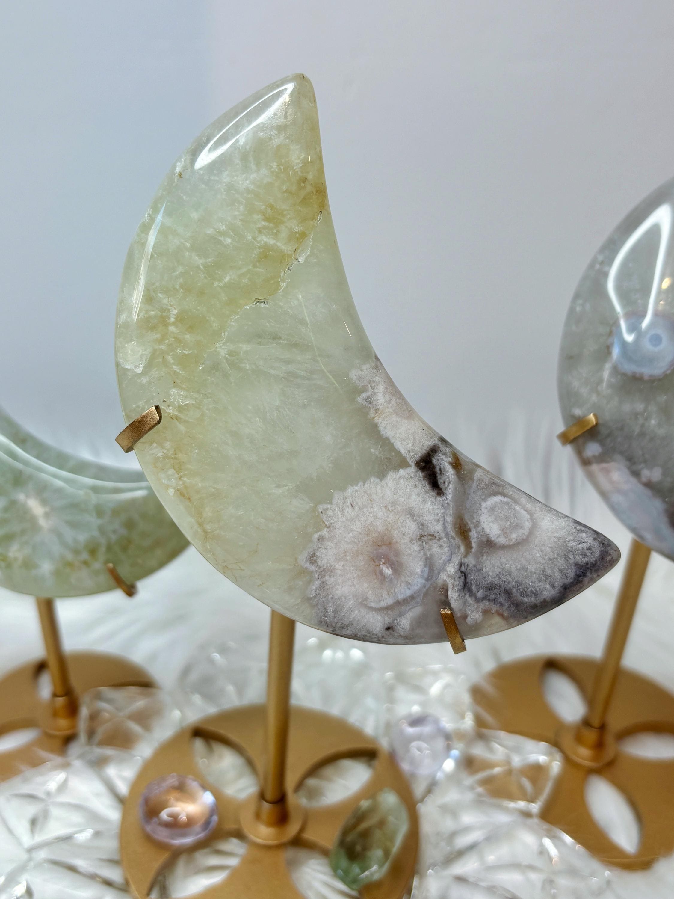 Green Quartz Flower Agate Moon, Crescent Moon Crystal Carving on Stand