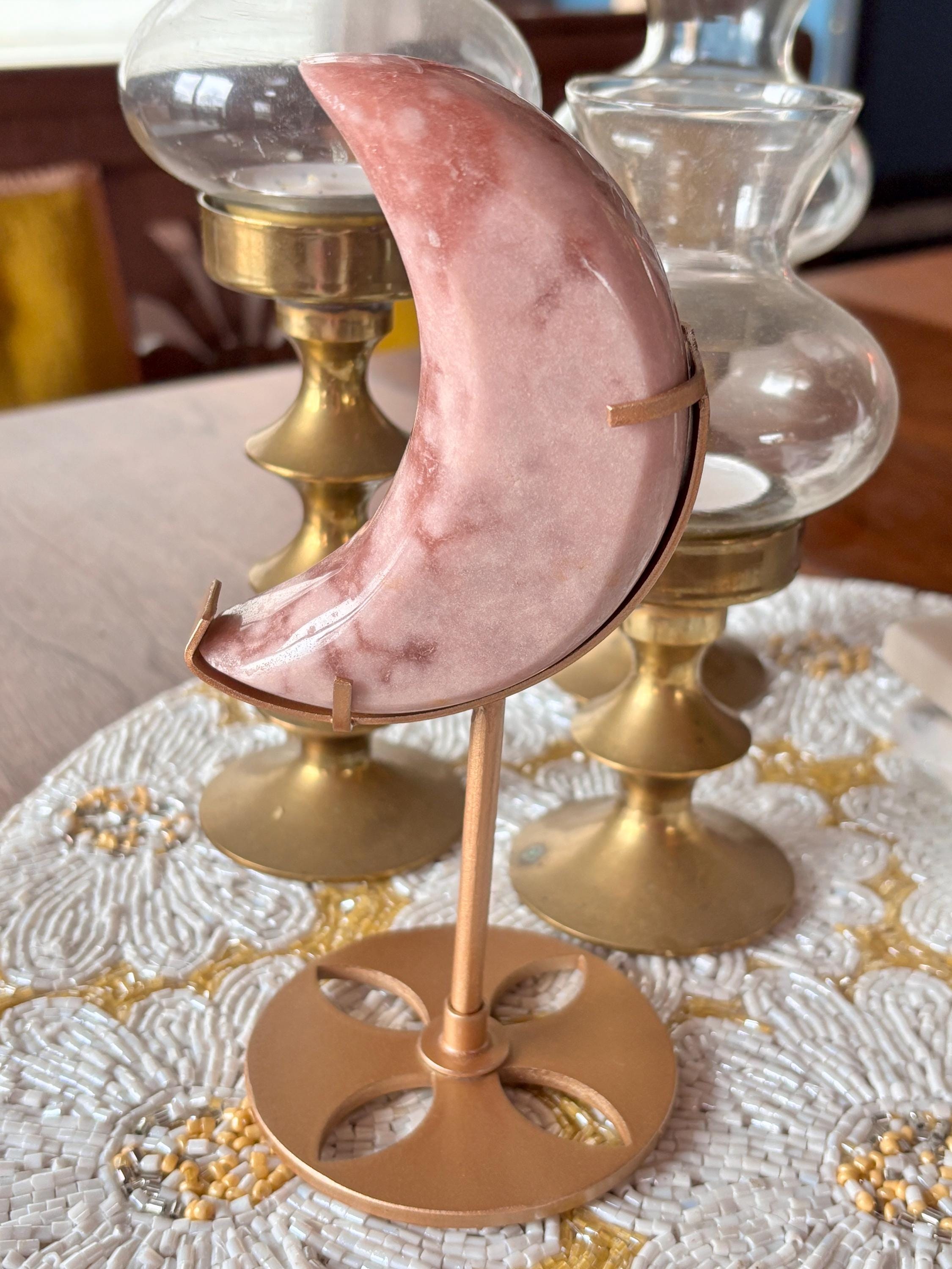 Pink Amethyst Flower Agate Moon Crystal, Crescent Moon Carving on Gold Stand