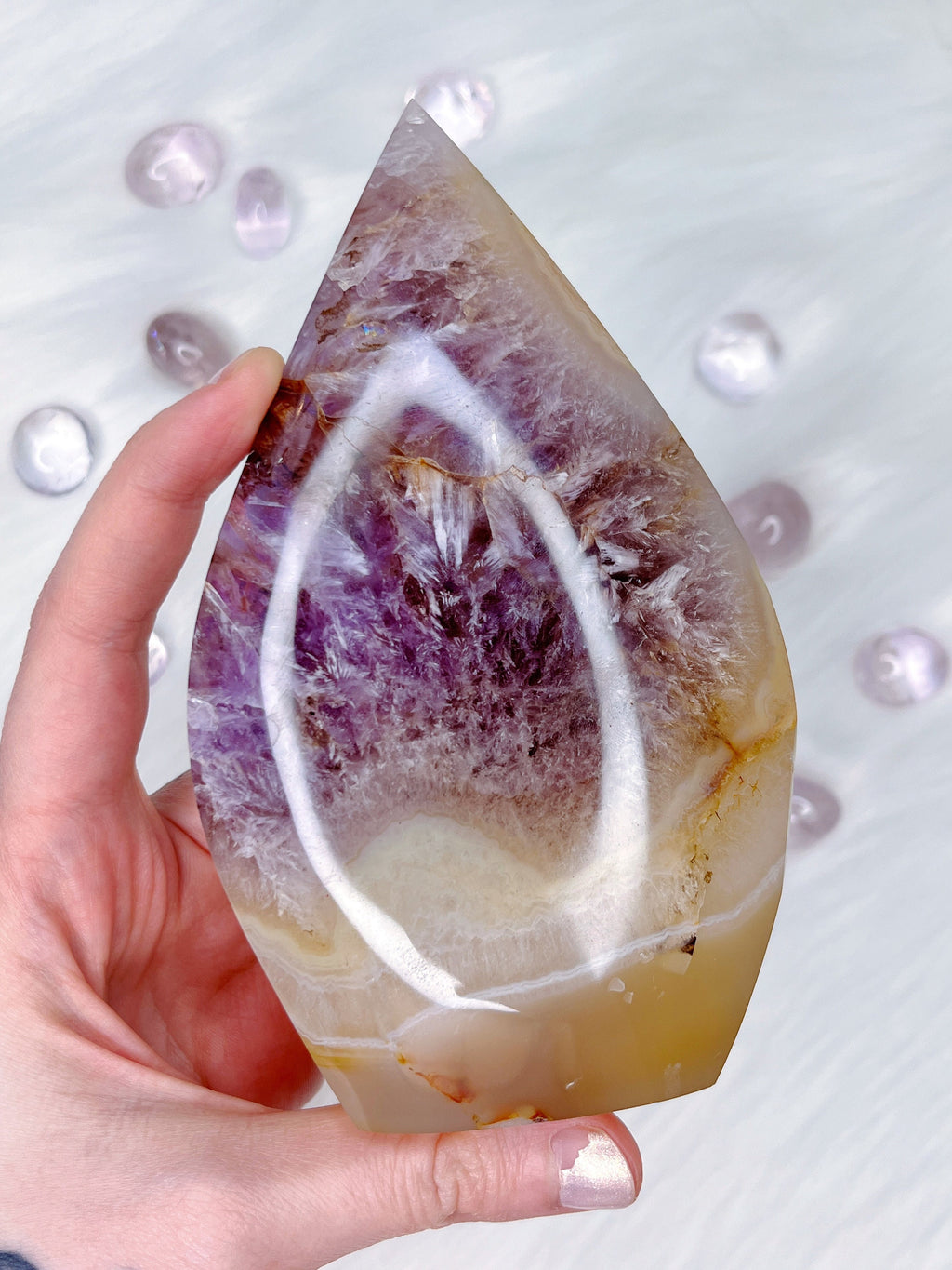 "Feather" Amethyst & Agate Freeform, Purple Amethyst with Creamy Yellow Agate & Quartz Crystal Cut Base