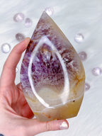 "Feather" Amethyst & Agate Freeform, Purple Amethyst with Creamy Yellow Agate & Quartz Crystal Cut Base