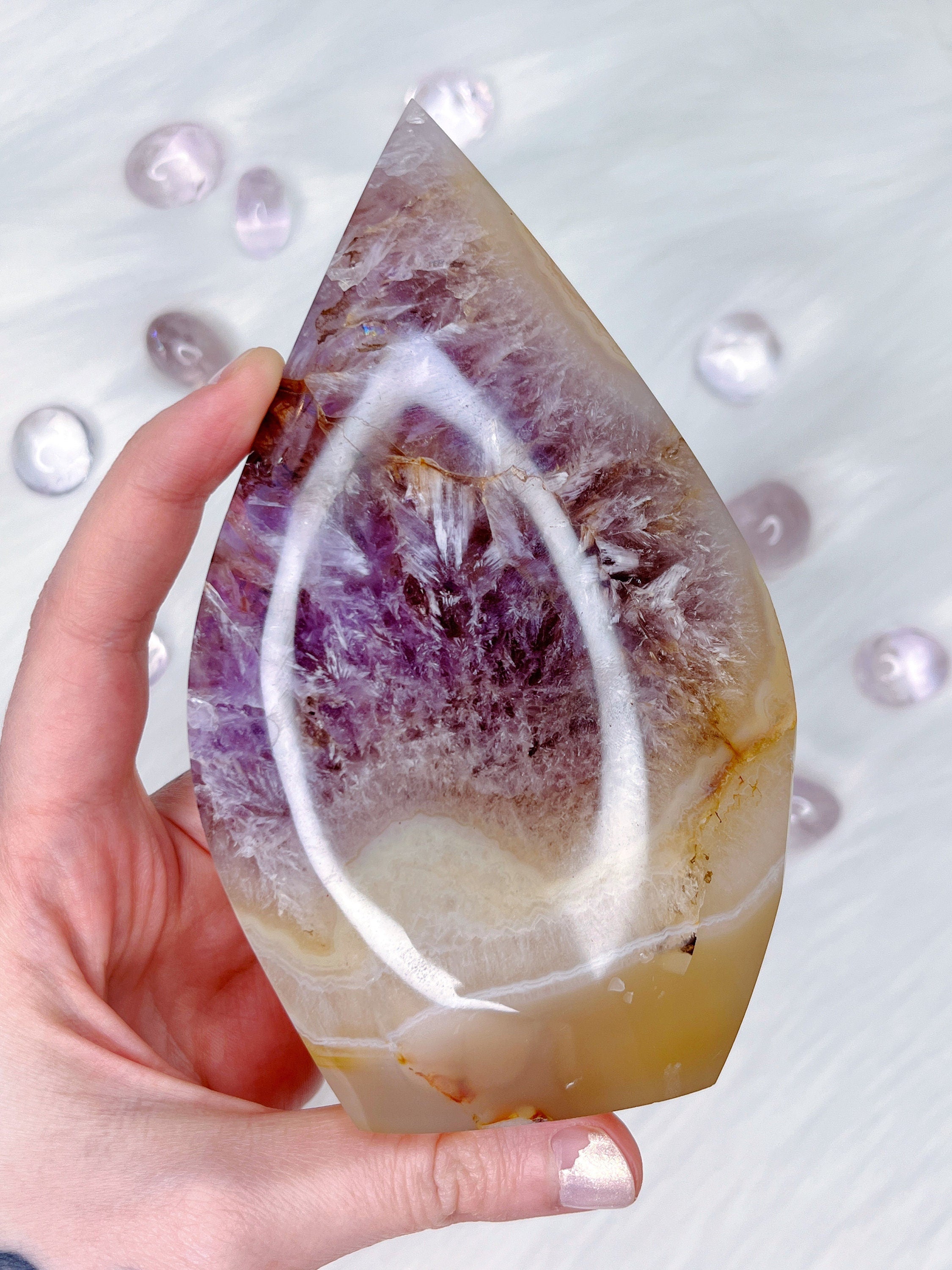 "Feather" Amethyst & Agate Freeform, Purple Amethyst with Creamy Yellow Agate & Quartz Crystal Cut Base