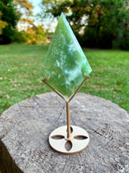 Green Serpentine "New Jade" Diamond, Serpentine Crystal Carving on Gold Stand