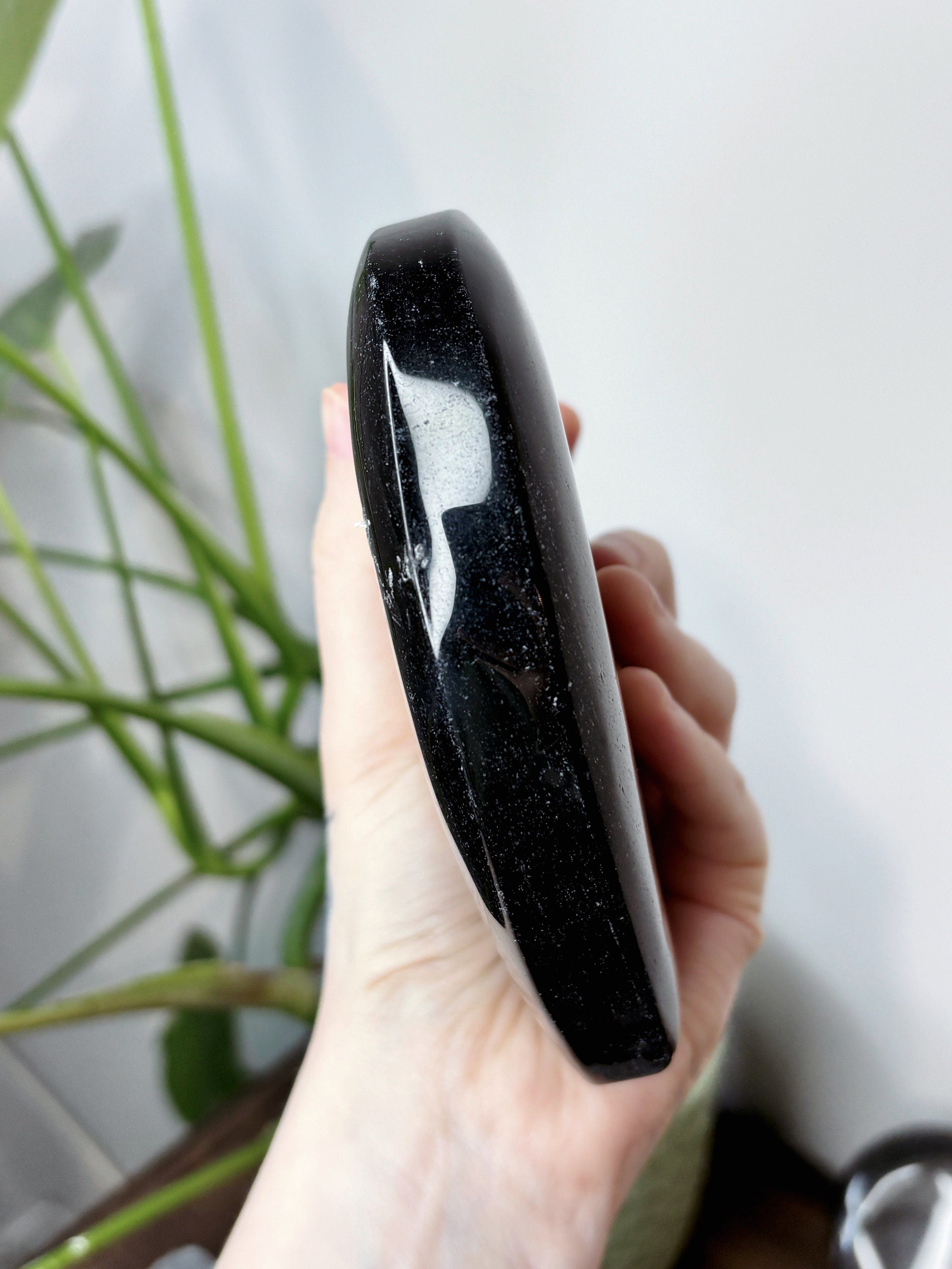 Large Silver Sheen Obsidian Heart, Polished Black Obsidian with Silver Flash Crystal Carving