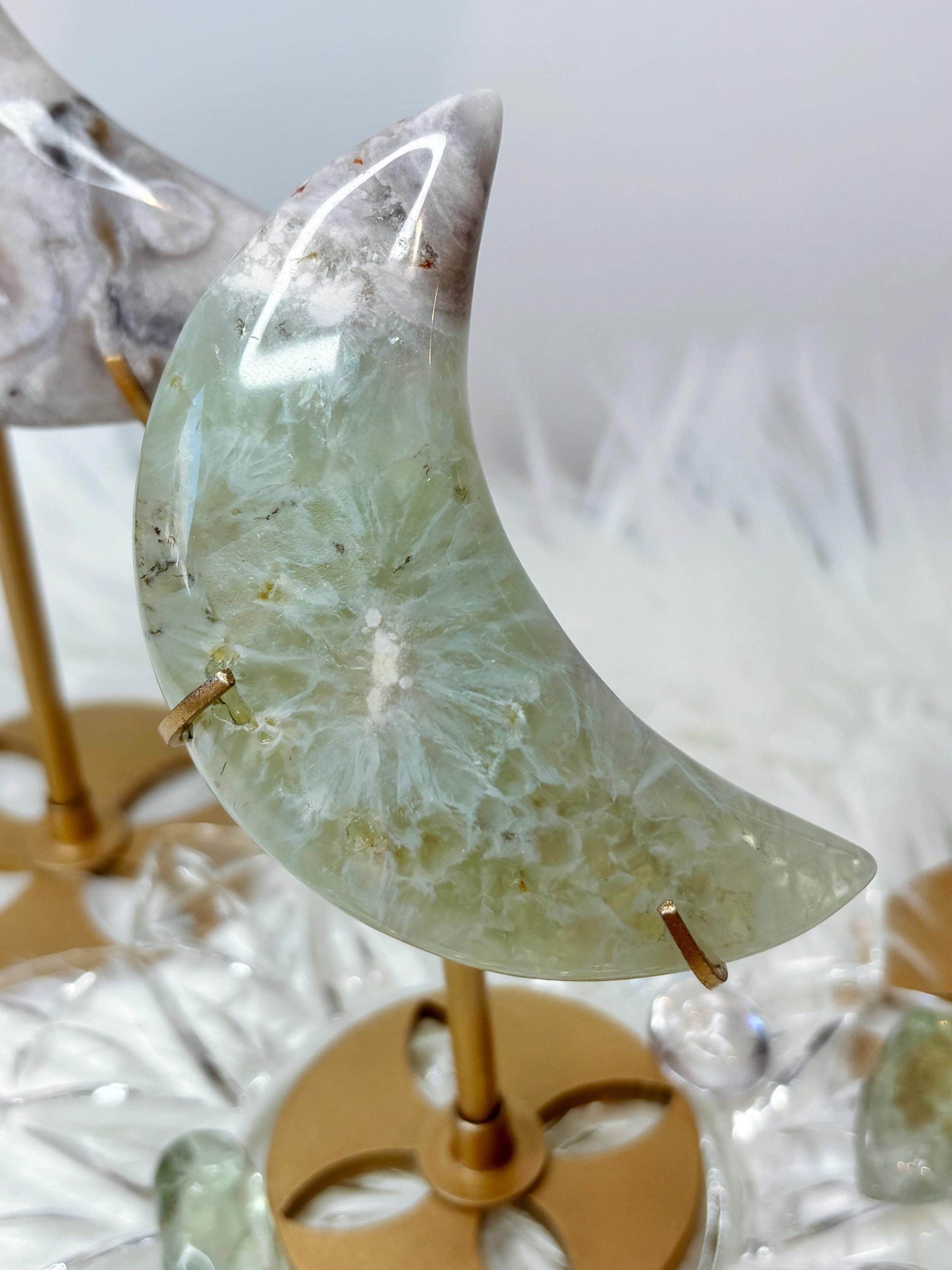 Green Quartz Flower Agate Moon, Crescent Moon Crystal Carving on Stand