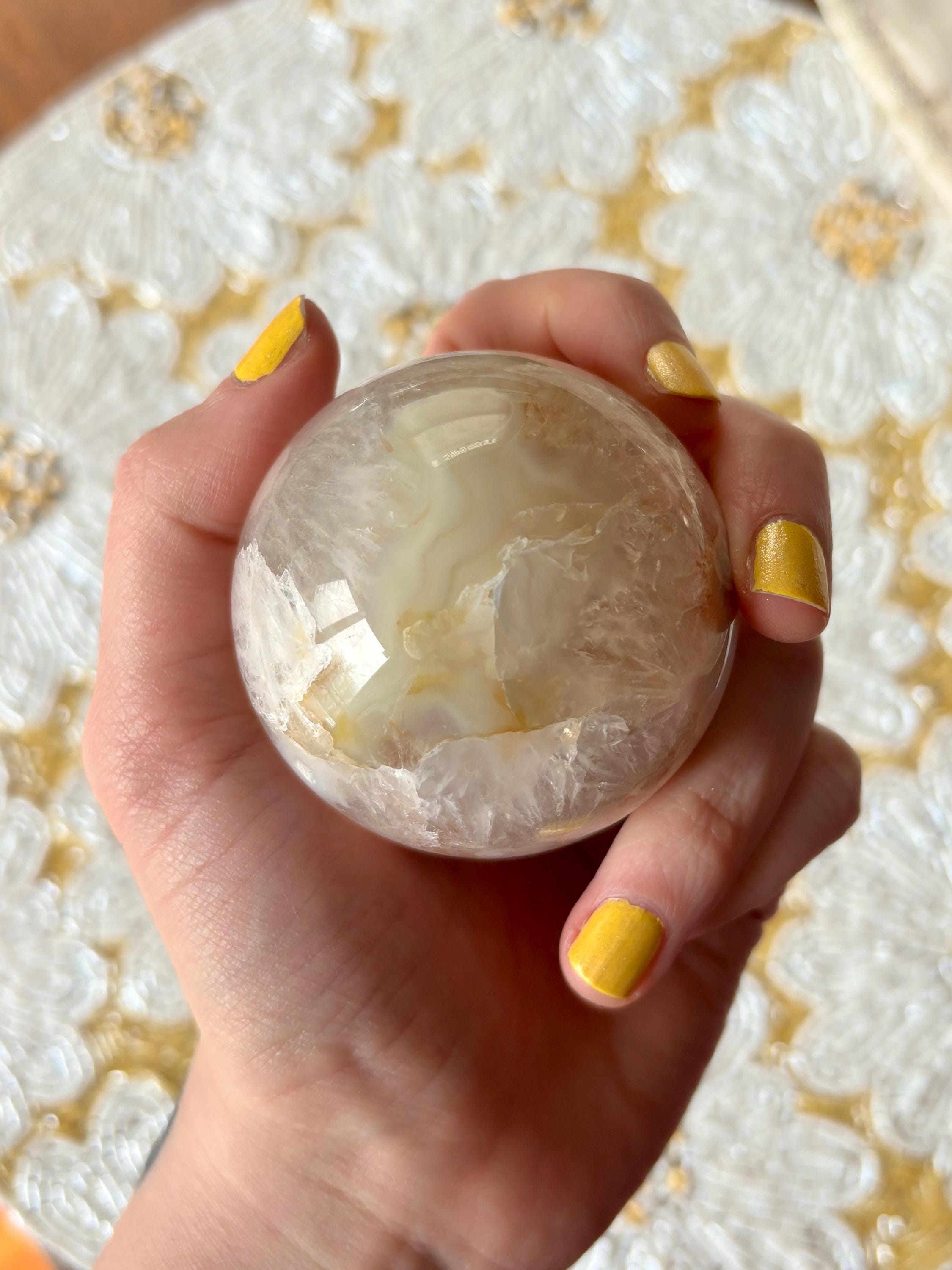 Orby Flower Agate Sphere, Red Pink Yellow Flower Agate with Quartz Druzy