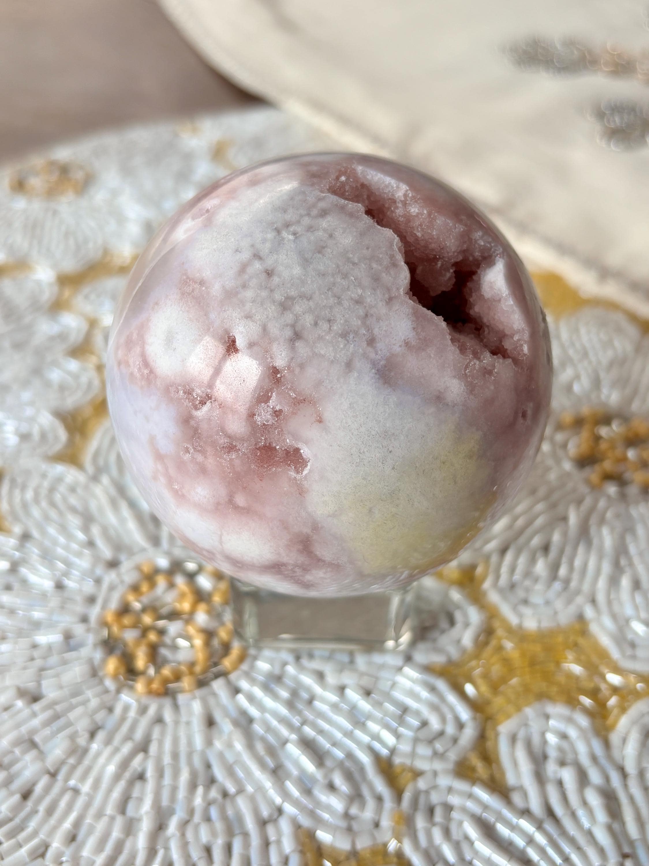 Large Druzy Flower Agate Sphere, Polished Pink Amethyst Flower Agate with Quartz