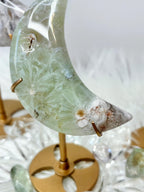 Green Quartz Flower Agate Moon, Crescent Moon Crystal Carving on Stand