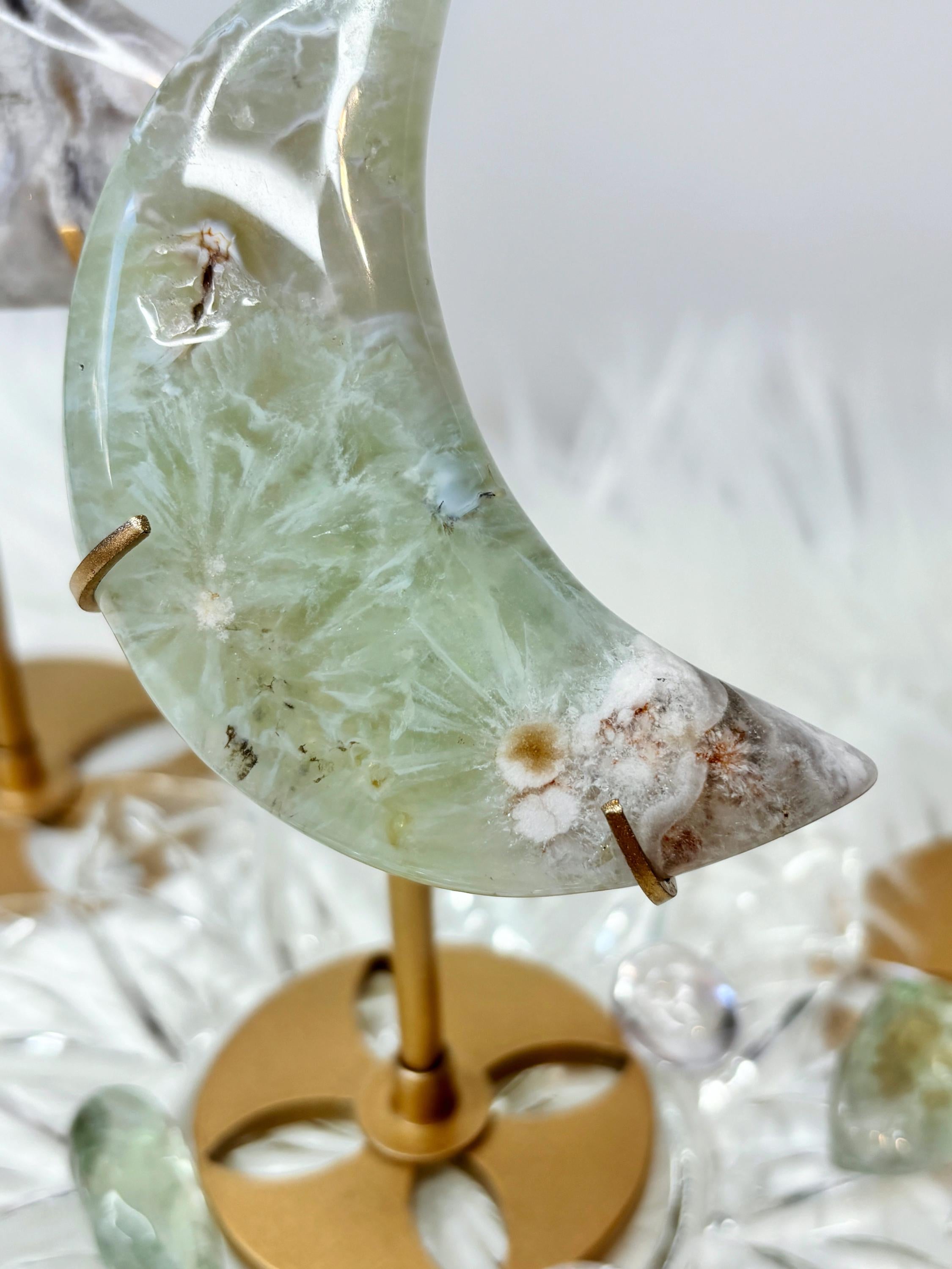 Green Quartz Flower Agate Moon, Crescent Moon Crystal Carving on Stand