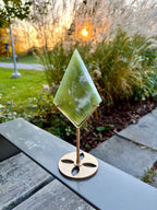 Green Serpentine "New Jade" Diamond, Serpentine Crystal Carving on Gold Stand
