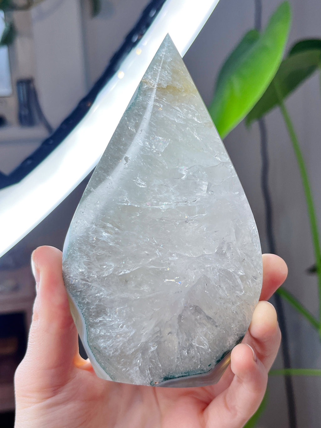 Quartz Agate Freeform, Rainbow Clear Quartz with Blue Green Banded Agate & Golden Healer Quartz Inclusions