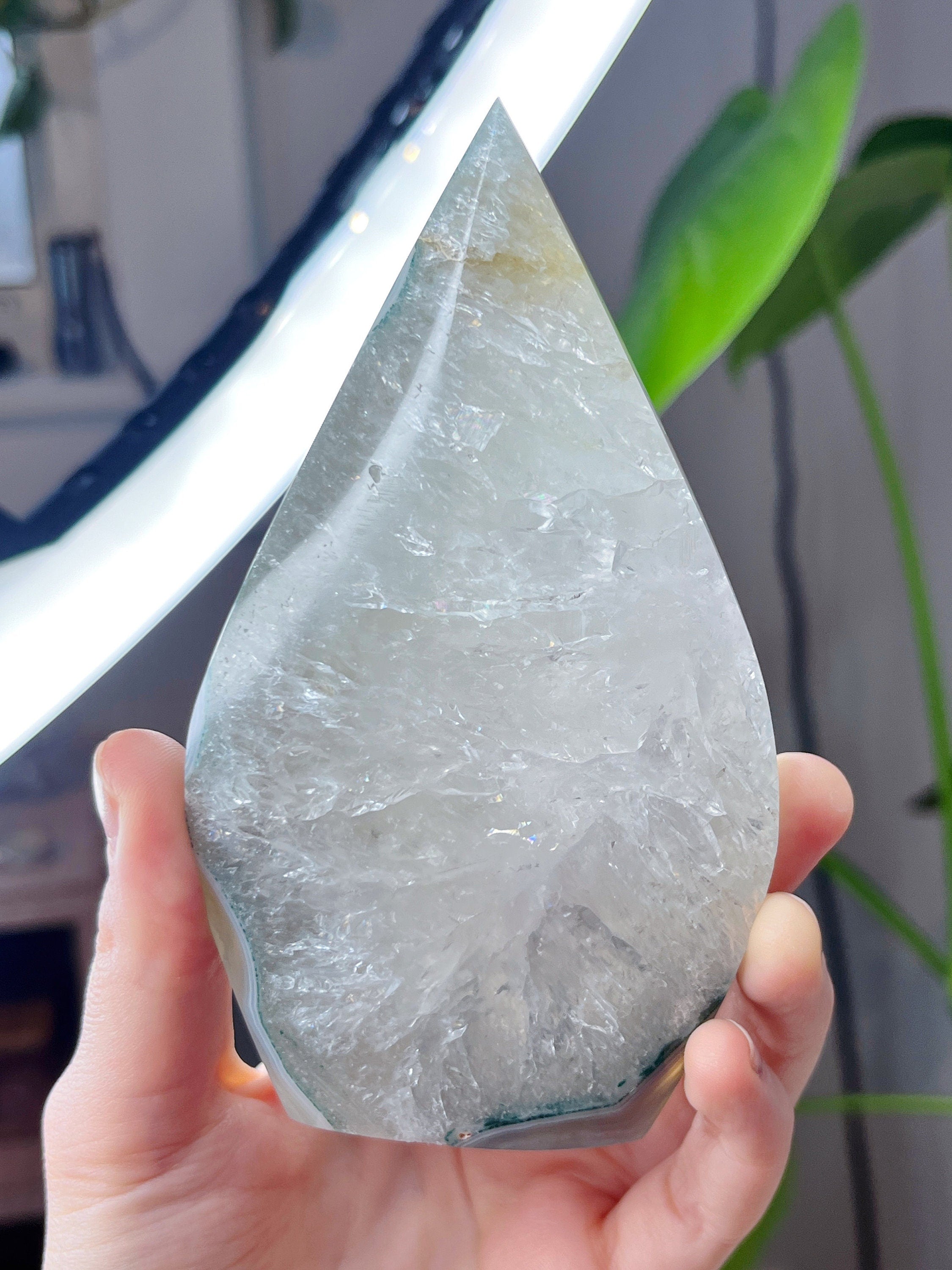 Quartz Agate Freeform, Rainbow Clear Quartz with Blue Green Banded Agate & Golden Healer Quartz Inclusions