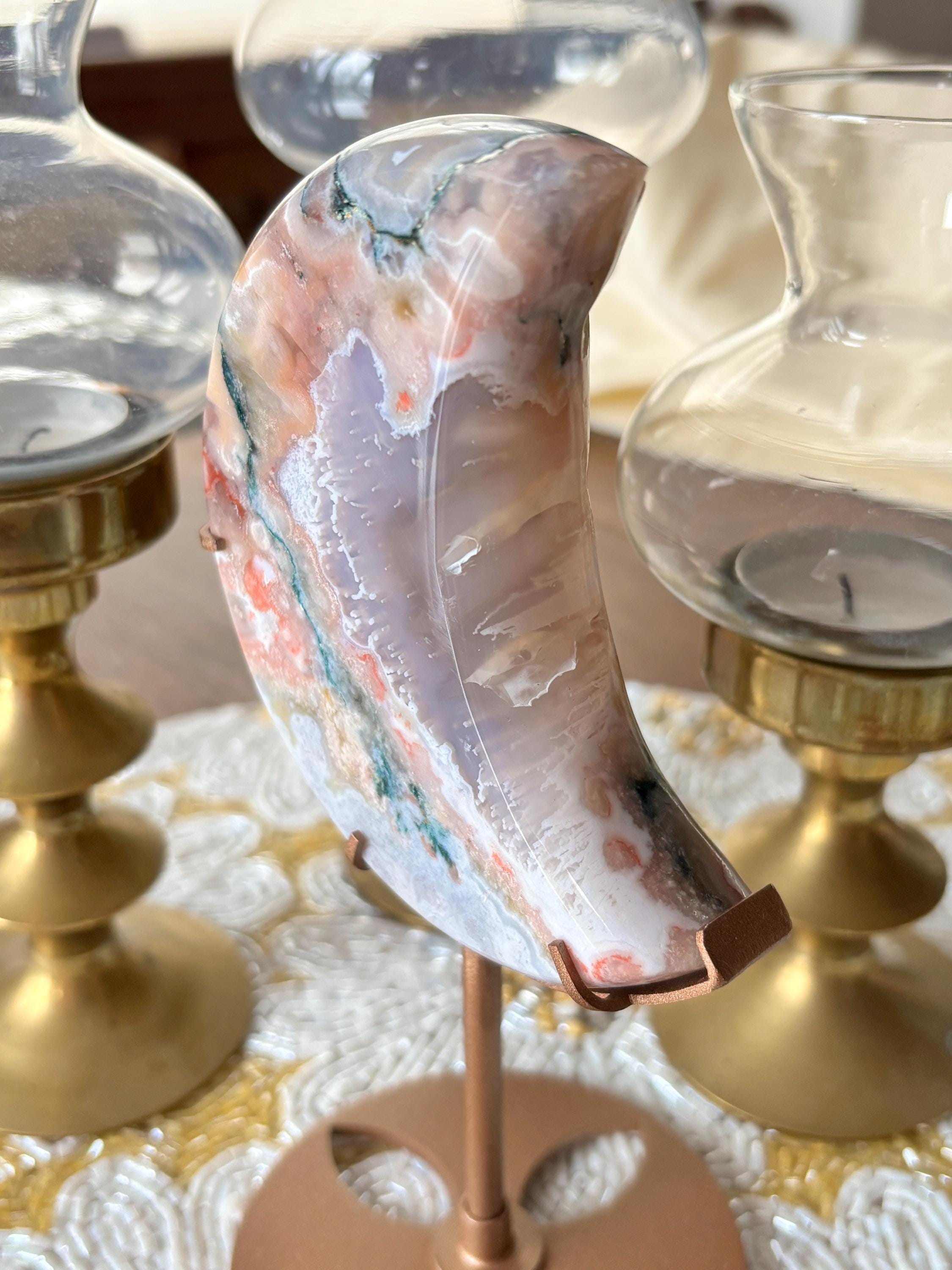 Rainbow Agate Crescent Moon Crystal Carving on Gold Stand