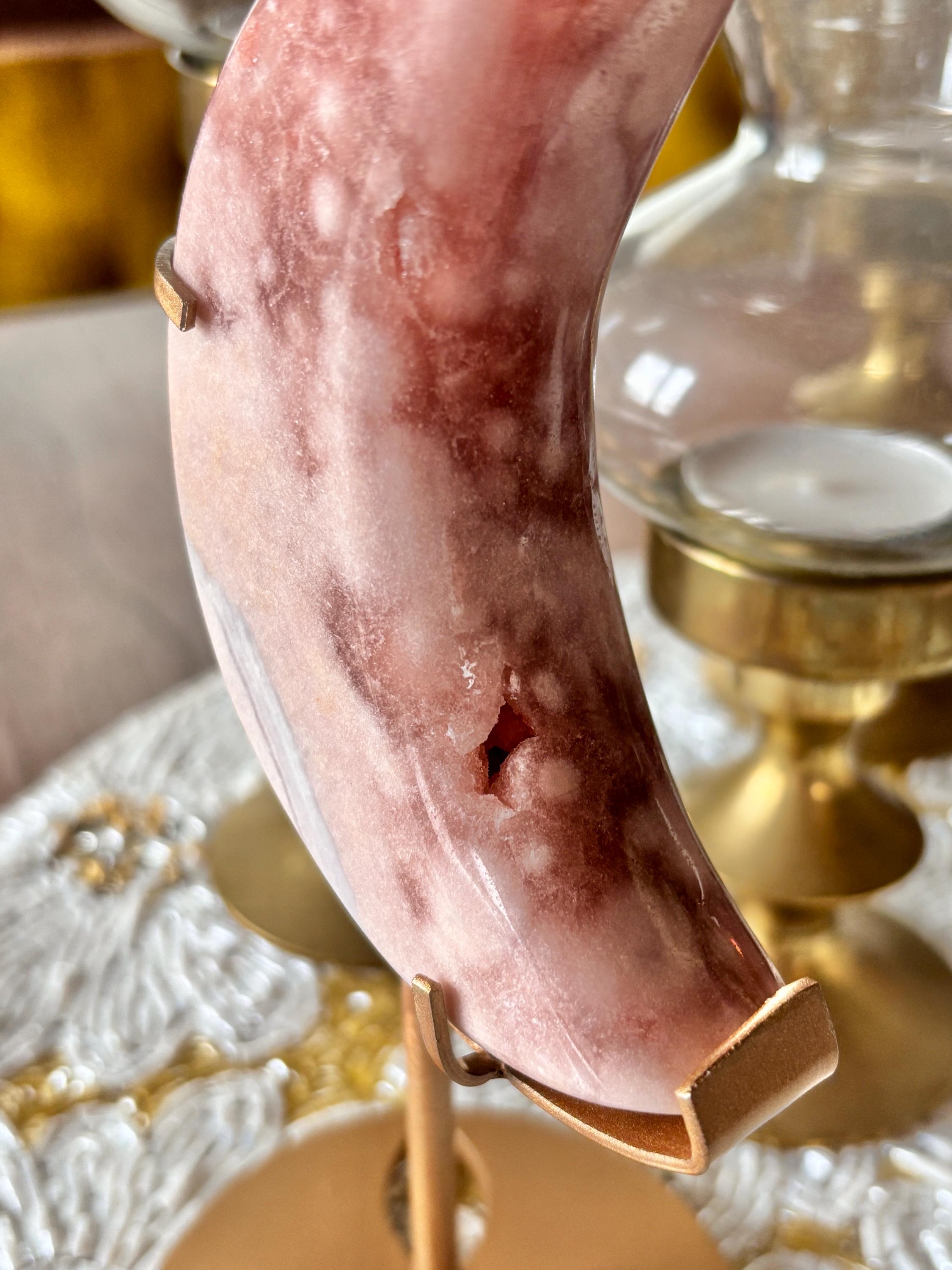 Pink Amethyst Flower Agate Moon Crystal, Crescent Moon Carving on Gold Stand