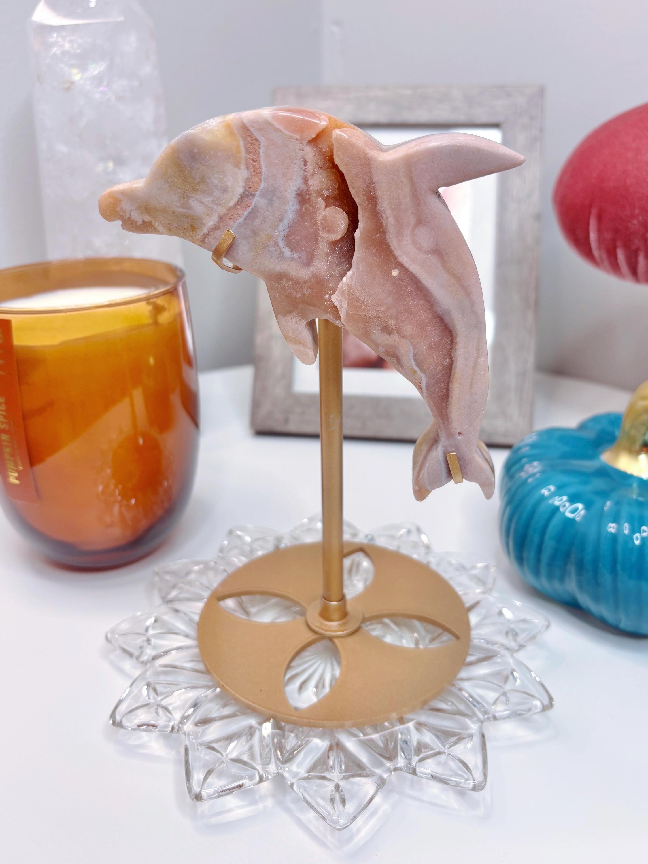 Yellow & Pink Amethyst Dolphin Crystal with Gold Stand,