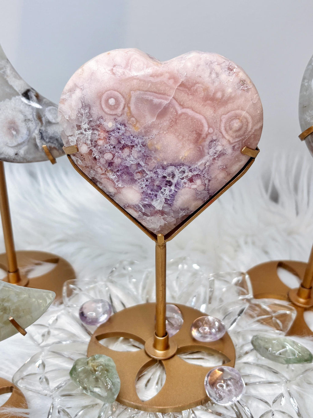 Pink Amethyst Flower Agate Heart on Gold Stand