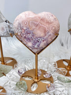 Pink Amethyst Flower Agate Heart on Gold Stand