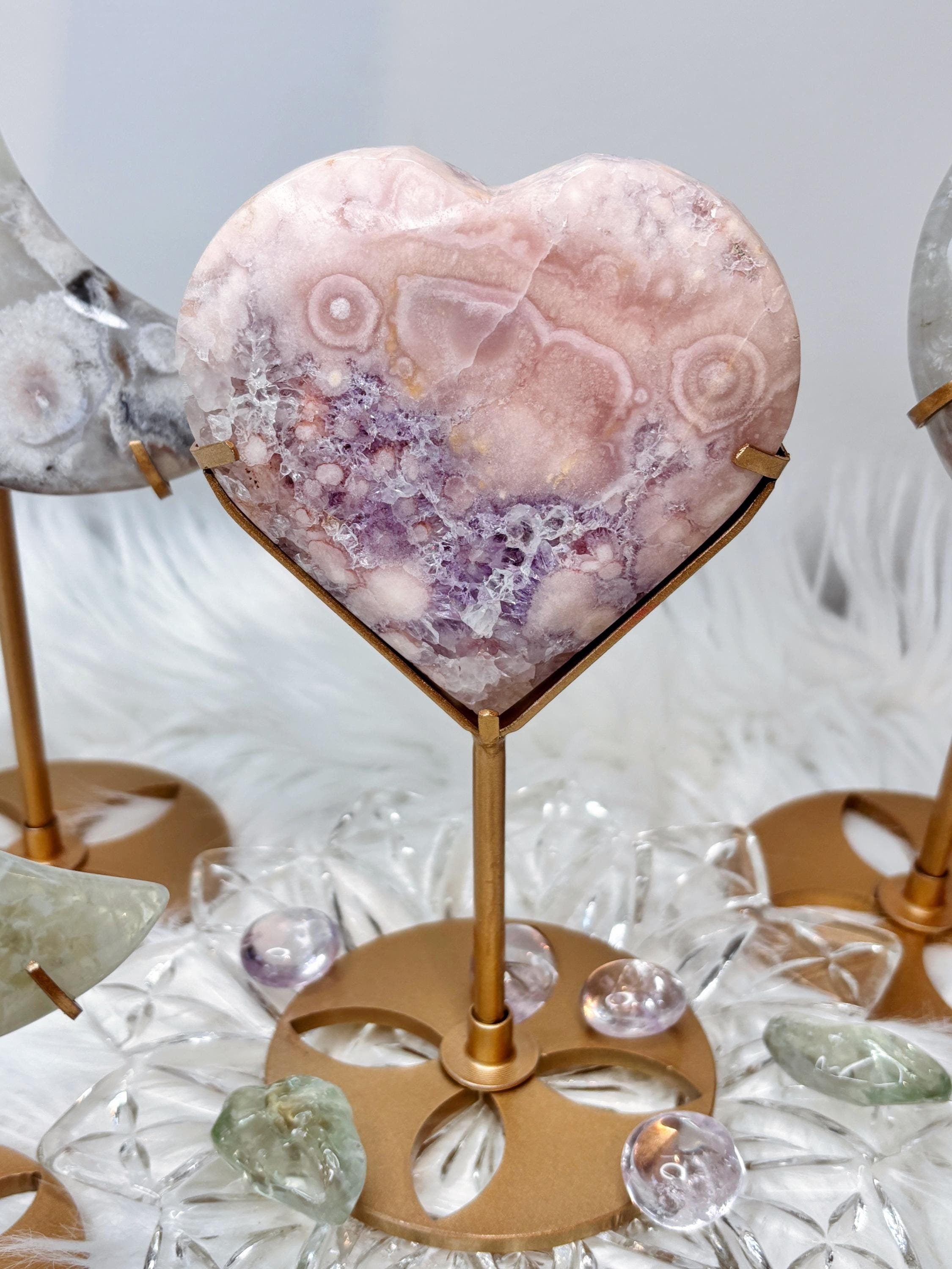 Pink Amethyst Flower Agate Heart on Gold Stand