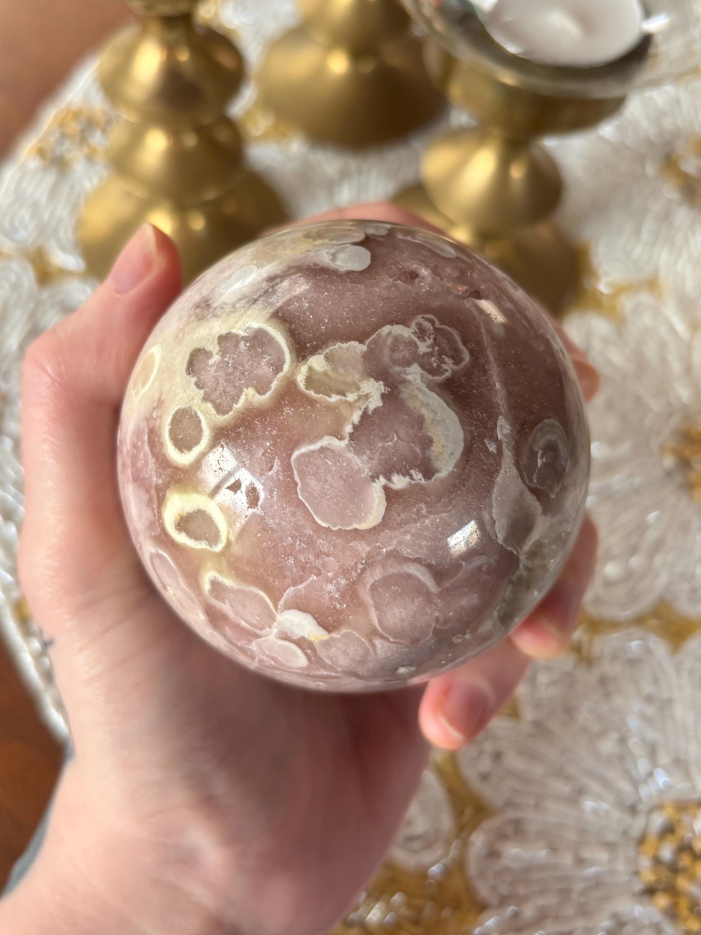 Large Pink Amethyst with Yellow Flower Agate Sphere