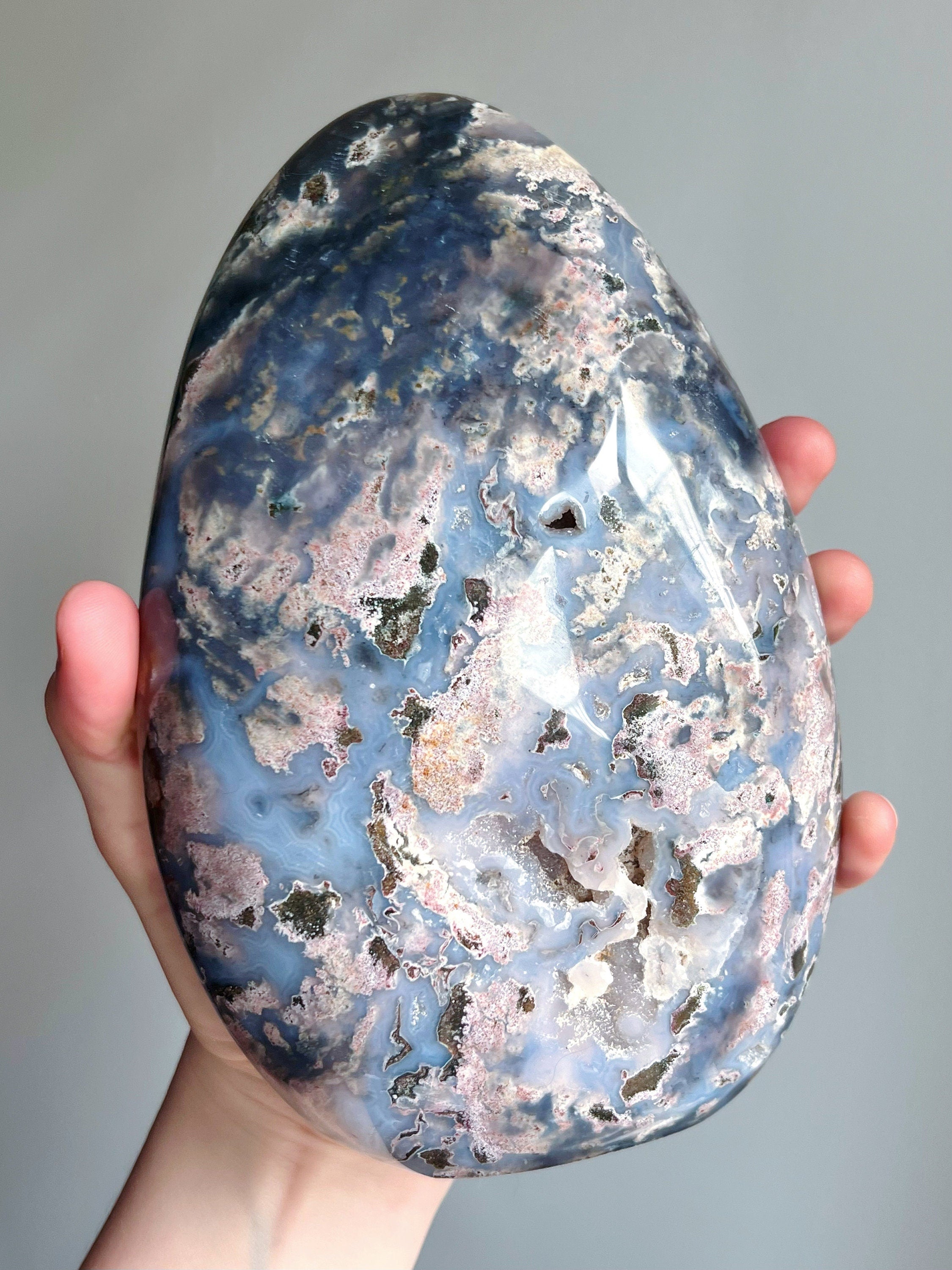 Huge Ocean Jasper Freeform, Polished Blue & Pink Sea Jasper Cut Base